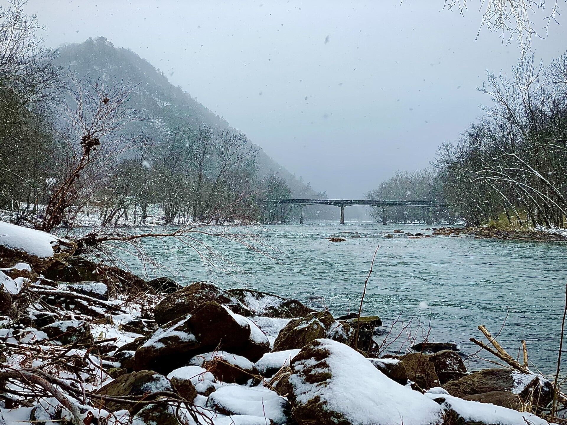 The French Broad River near the town of Hot Springs with Lovers Leap in the back
