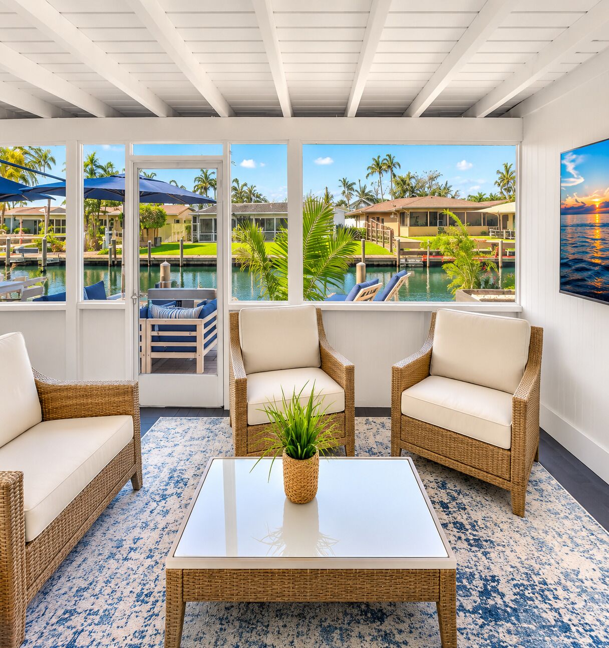 Screened waterfront patio with comfortable seating and peaceful canal views.