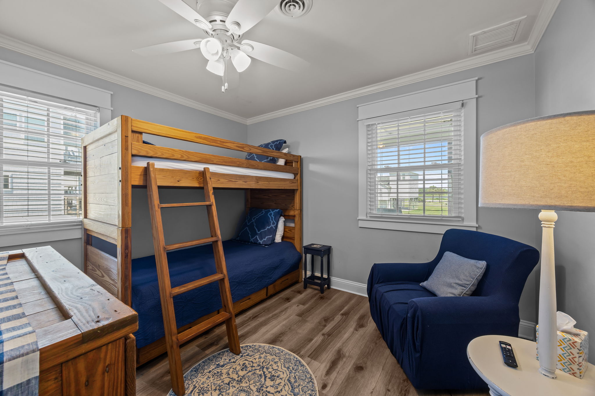 An additional kid-friendly room with a twin bunk and a pull-out trundle