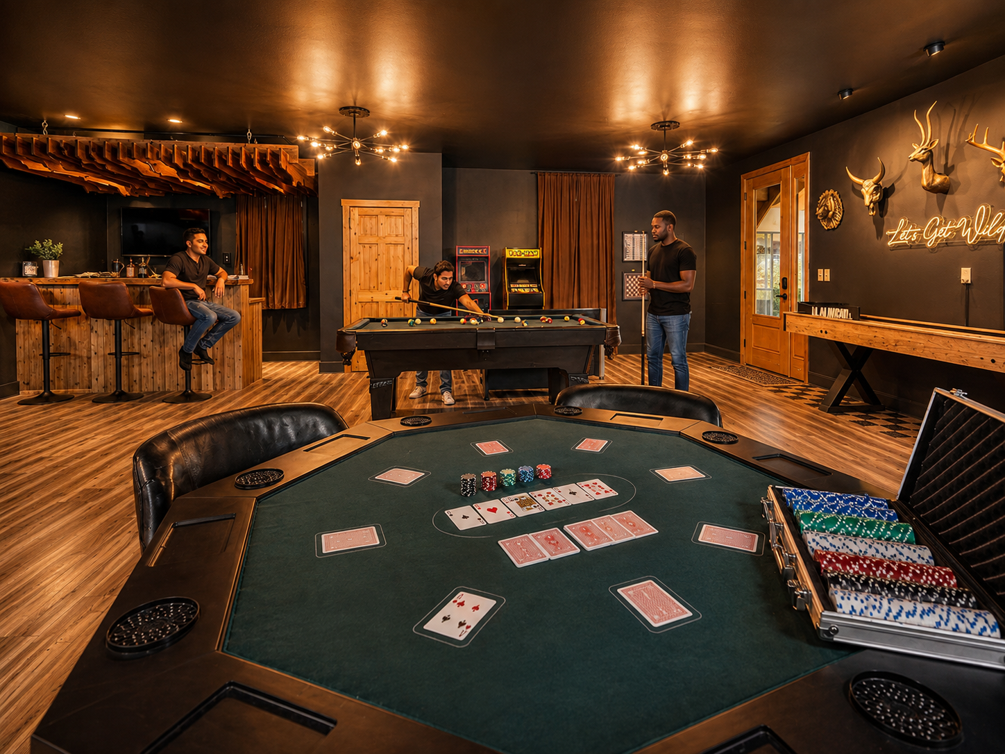 {Speakeasy Game Room} Enjoy poker, pool, shuffleboard, arcade games, and a private bar for unforgettable nights in.