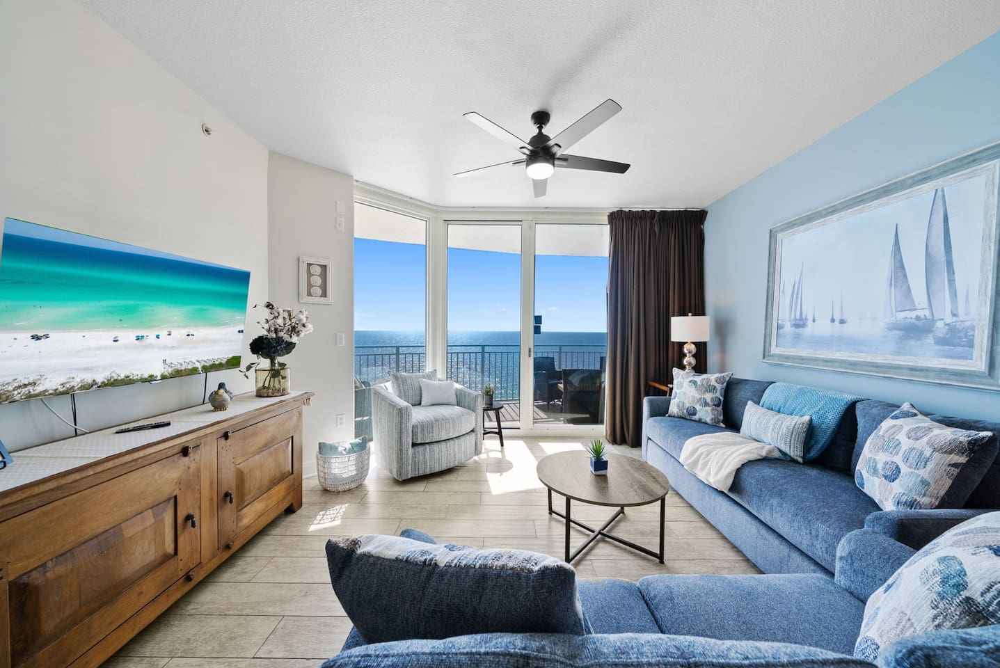 Spacious living room that overlooks the beautiful Emerald Gulf waters.