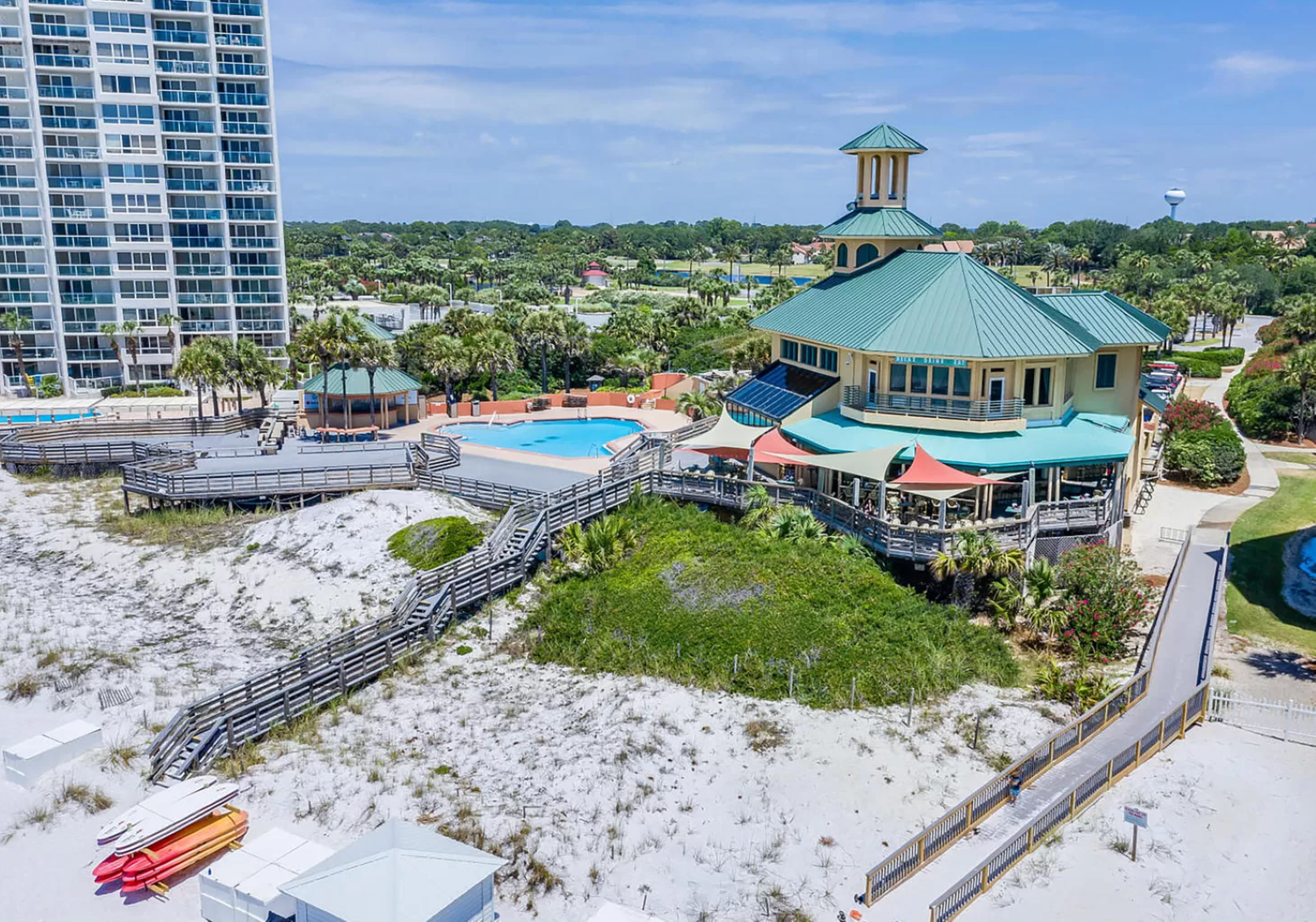 Coastal resort in Sandestin. Walkways winding through sand dunes to the beach.