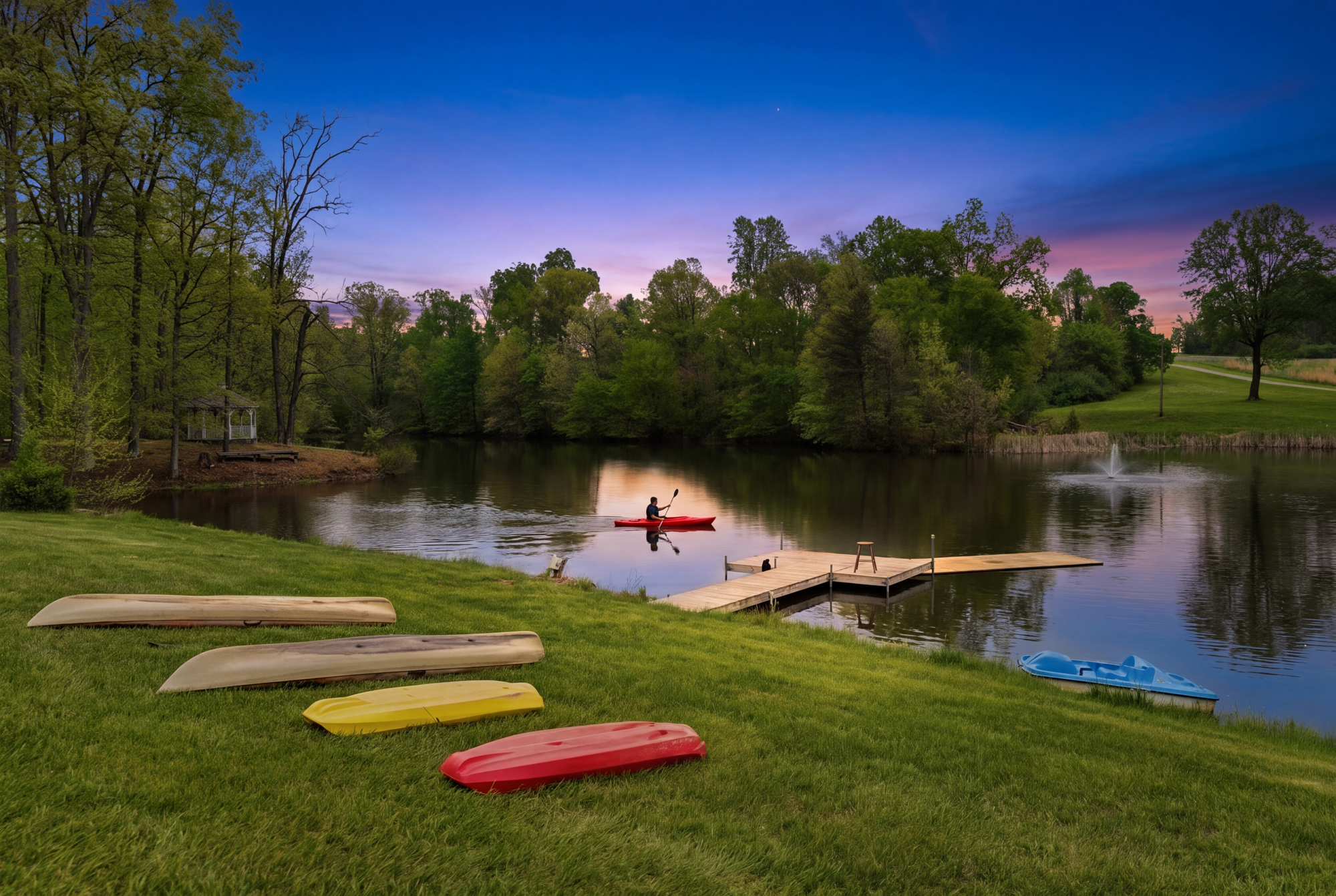 Pond with included boats. A new Jon boat with an electric trolling motor has been added since this photo.