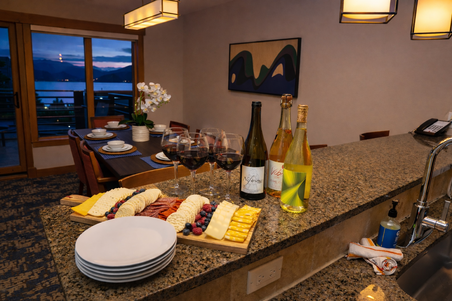 Bar area and open dining room. Dining table seats 6, bar area seats 3