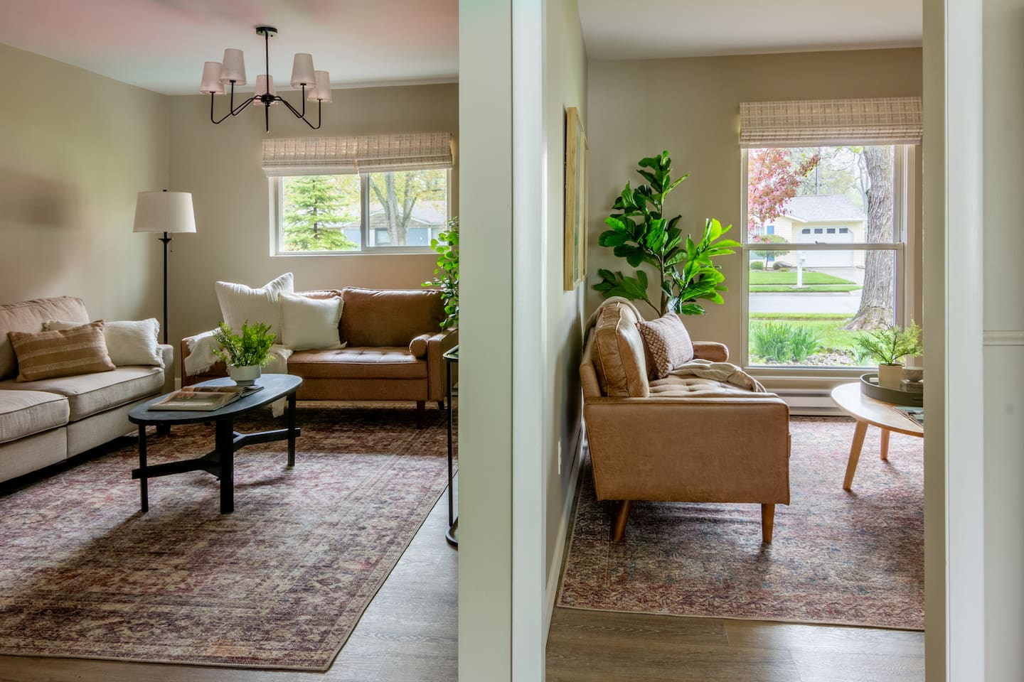 Sunlight filters through the front windows, filling the living room with a relaxed, homey glow.