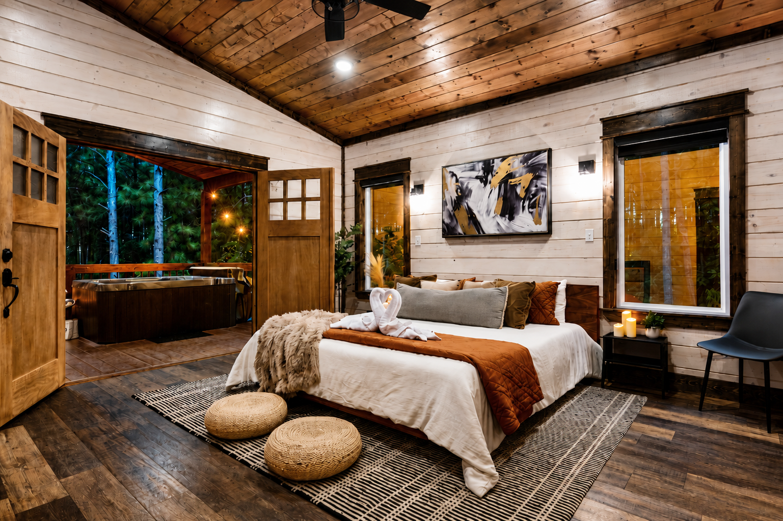 Your king suite opens straight to the covered patio and hot tub, making late night soaks and slow mornings in the pines just steps from bed.