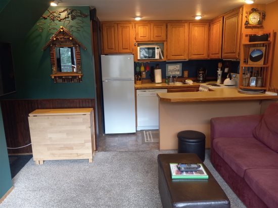 Livingroom leading to kitchen area.