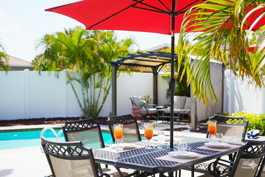 Poolside dining is a nice way to relax after a day at the beach.