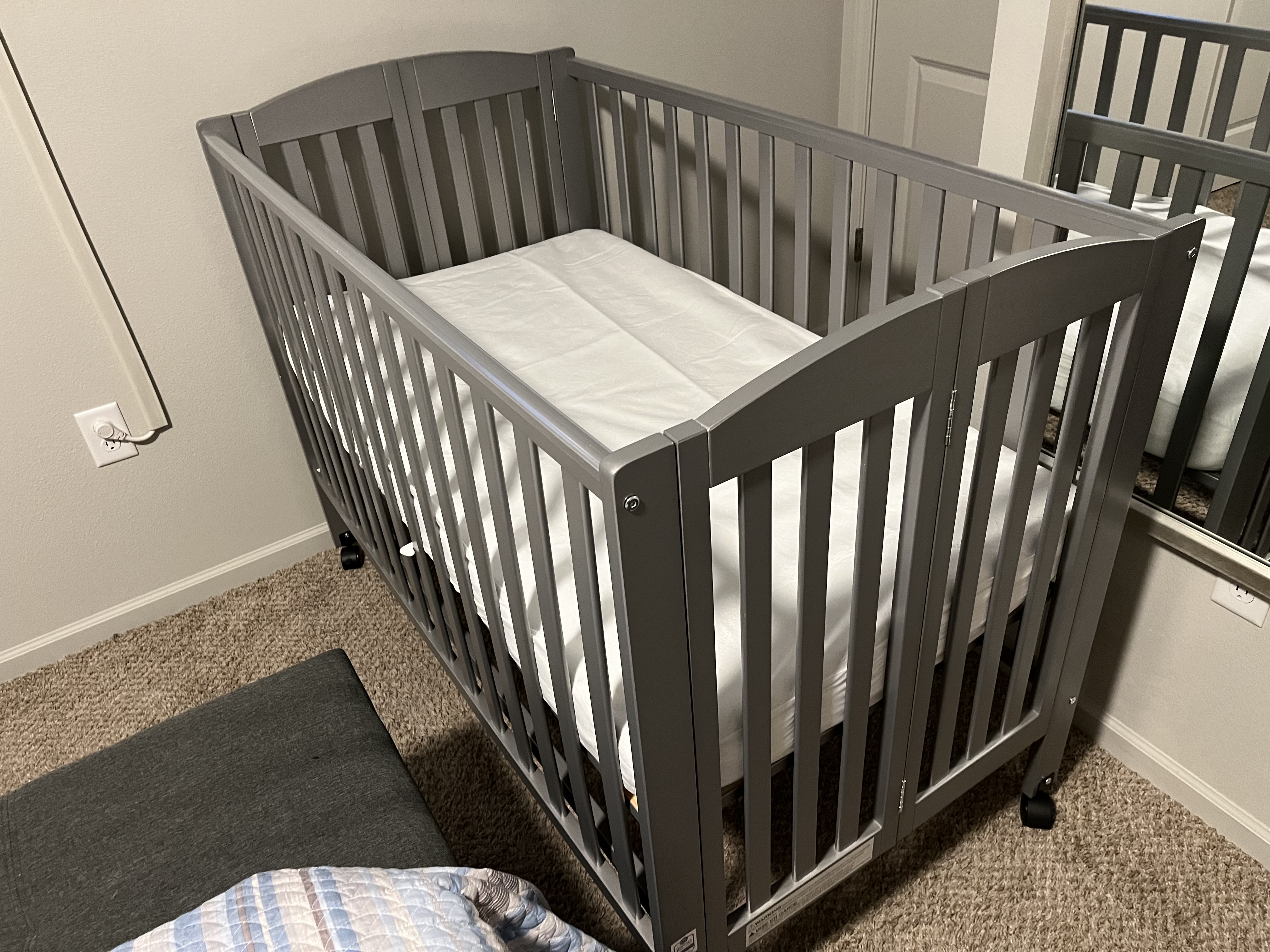 Crib provided for your little one. It is a travel model that folds. It is located in the master bedroom closet along with the mattress