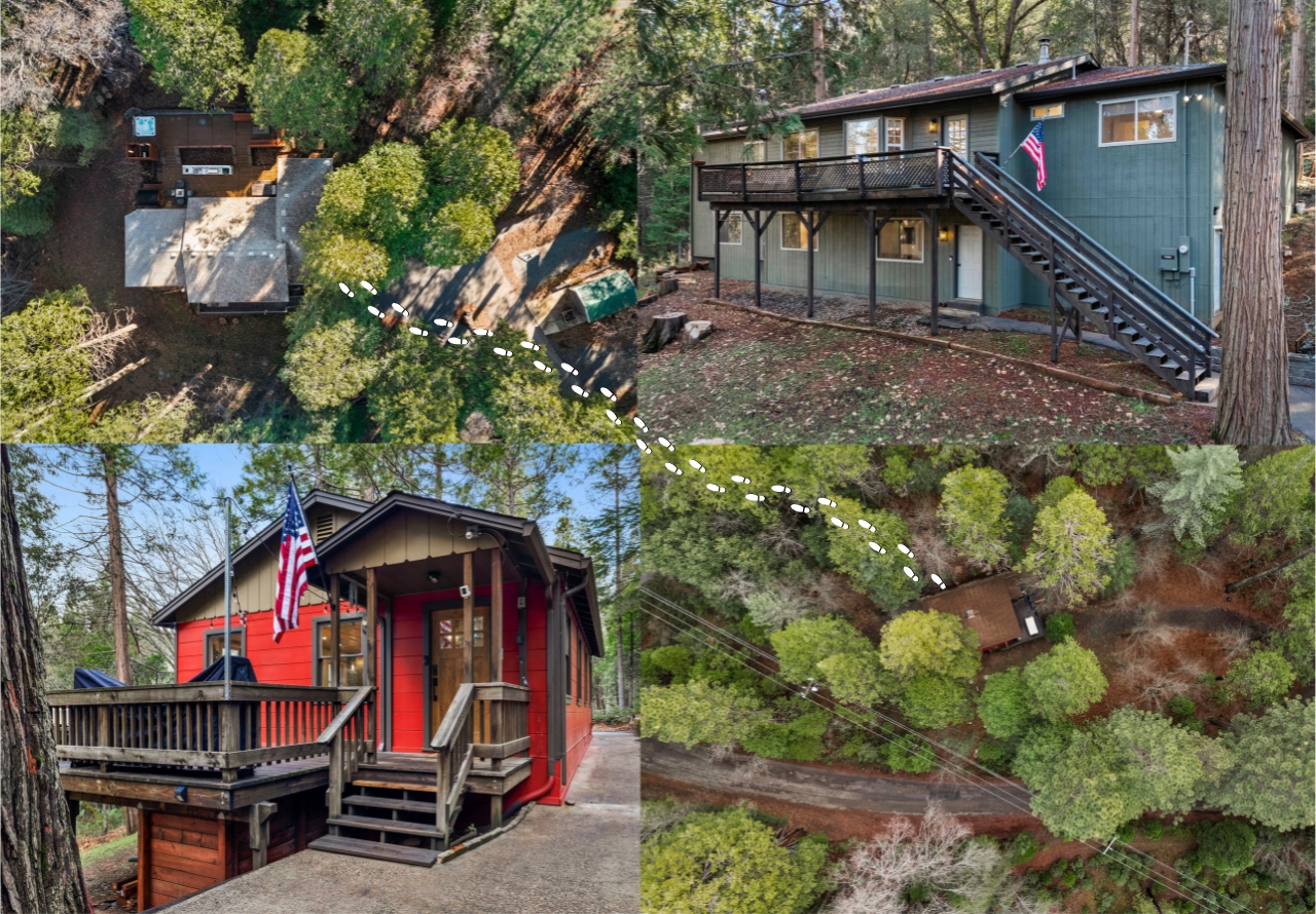 Both Cabins rented together. You can enjoy the 3.5 acre property to yourself. The cabins are about 75 yards away from each other. It is a short uphill walk to the Upper cabin/ down to the lower. Perfect blend of space, togetherness, privacy and fun.