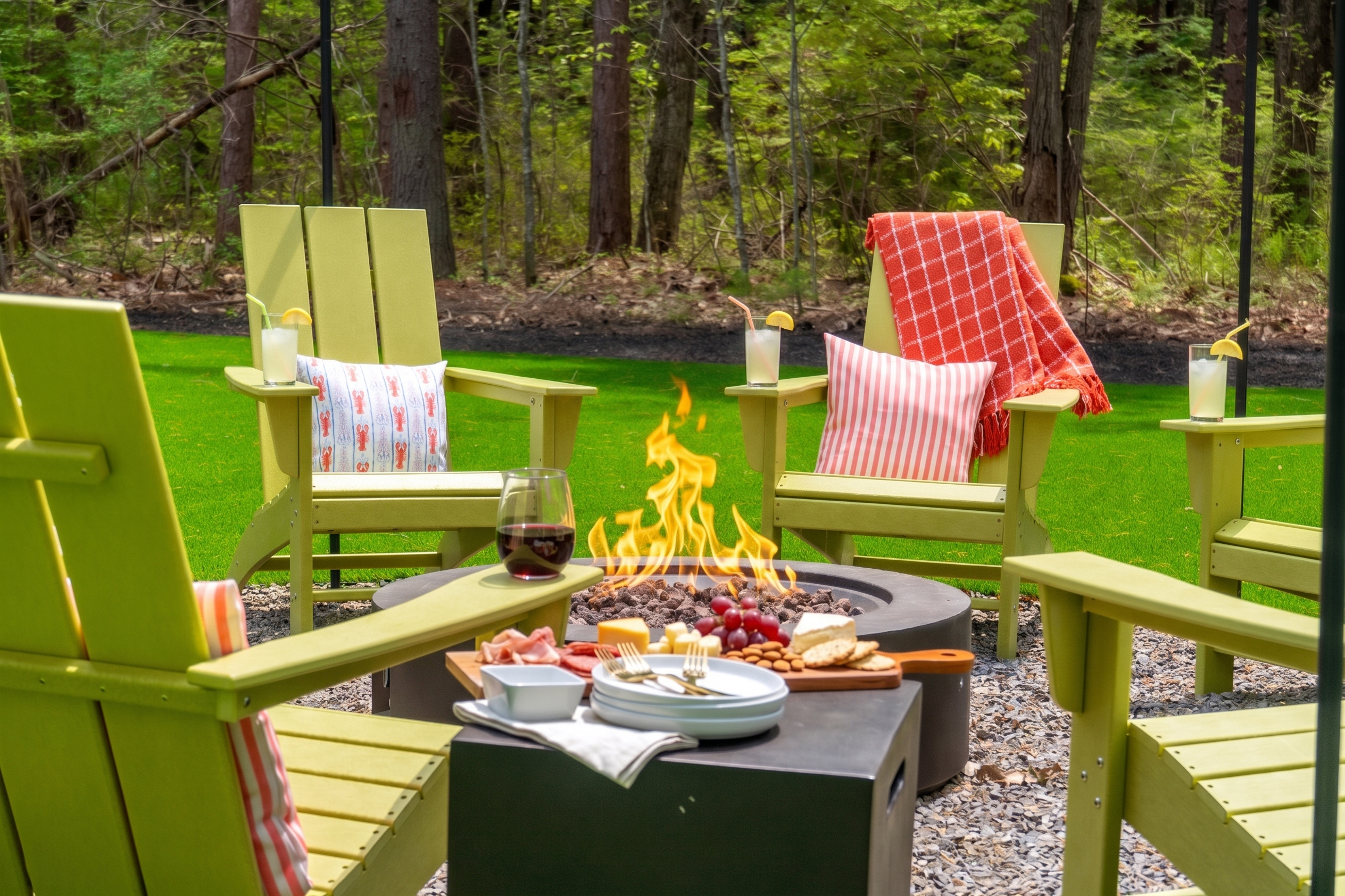 A cozy outdoor seating space set up for comfort and connection, ideal for enjoying refreshments and sharing snacks while spending time together.