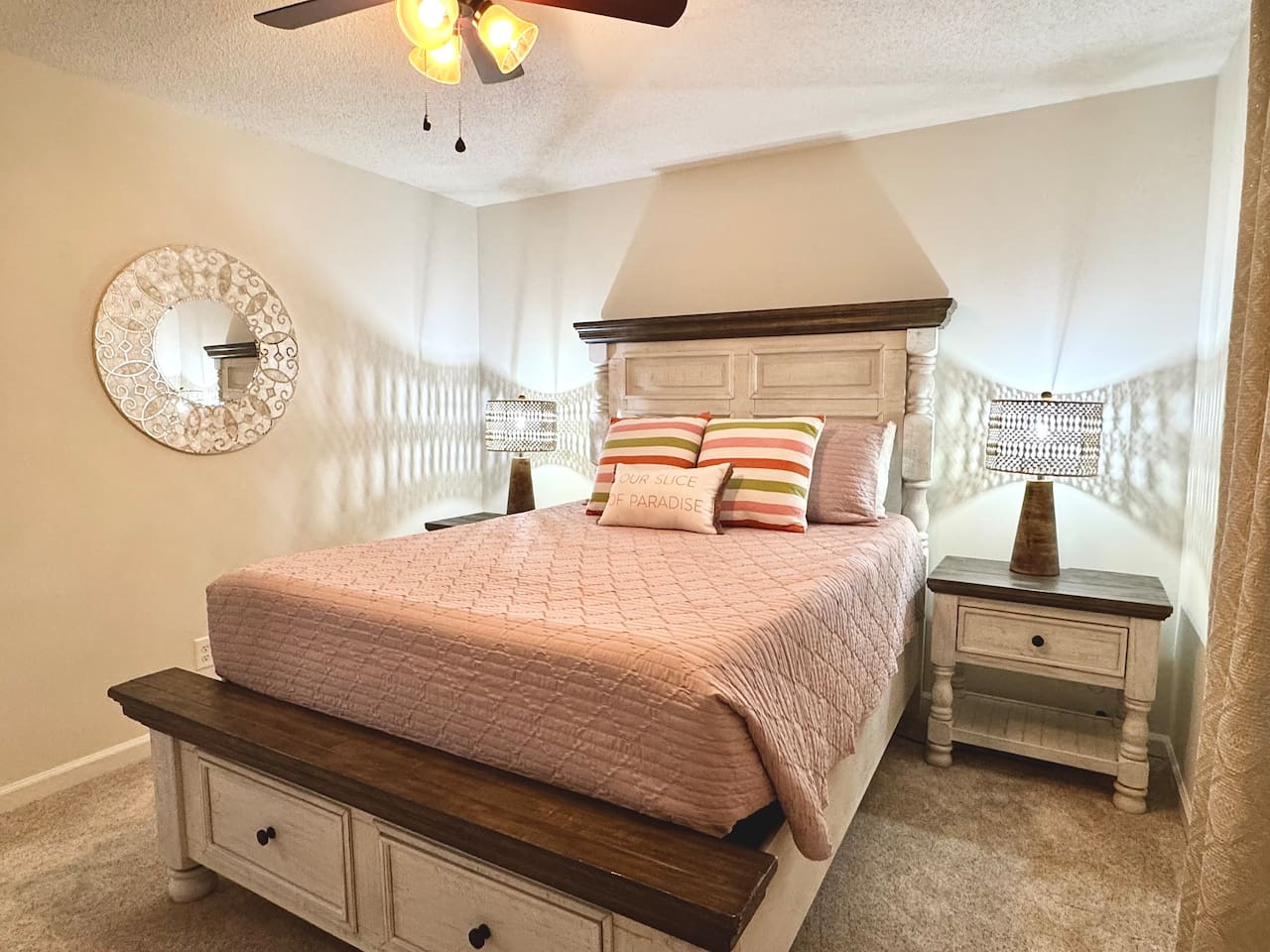 * Queen Bed (sleeps 2) * Extra quilts/blankets* Closet and dresser for storage* 42 in. Flat Screen Smart TV (bring your own streaming logins) 