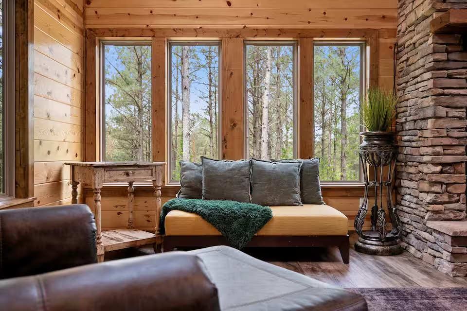 Love this shot. The living room is flooded with light and the backdrop of massive pines.