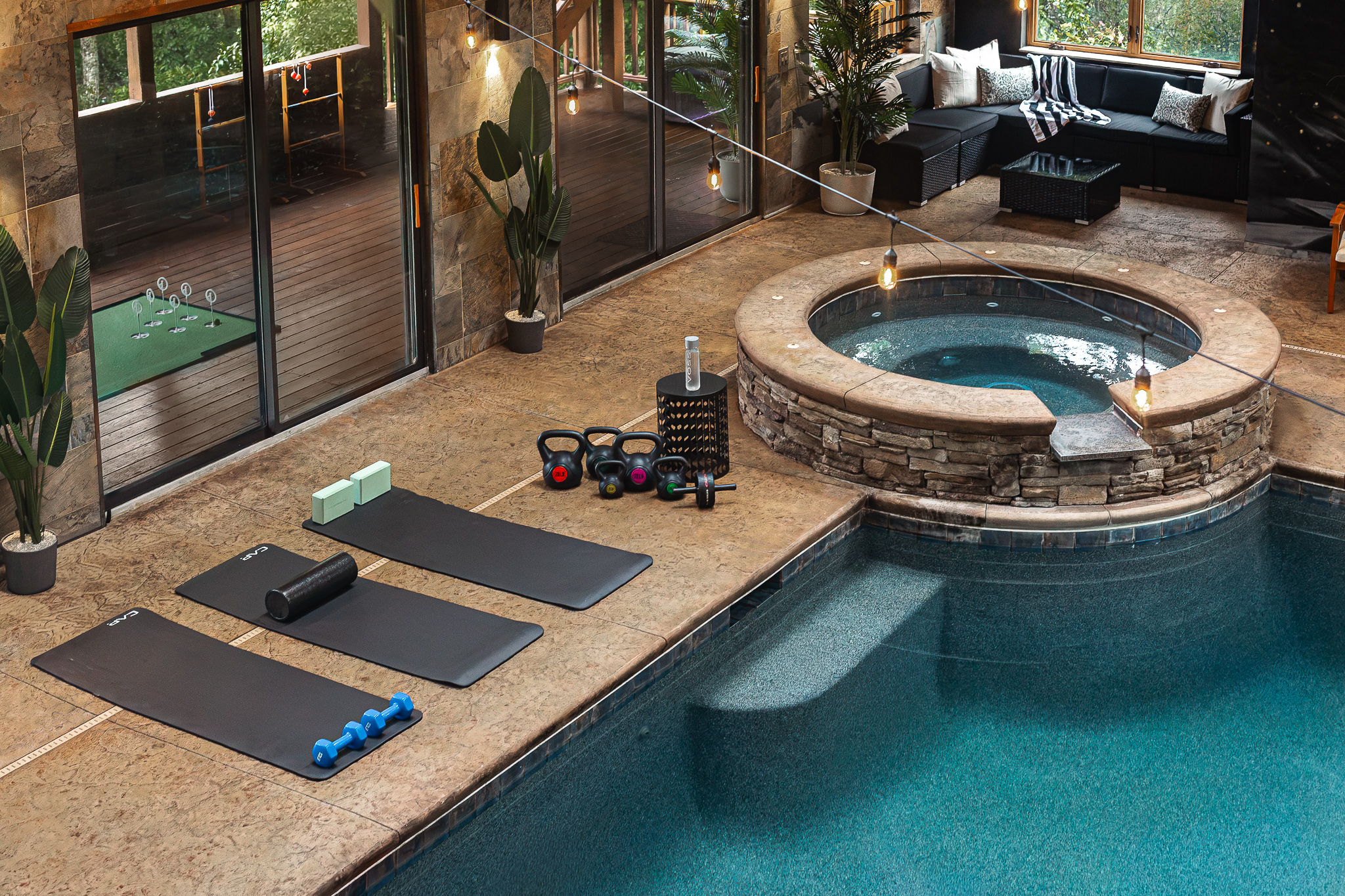 {Poolside Wellness Area} Fit in yoga, stretching, or a quick strength session beside the pool before heading out for the day.