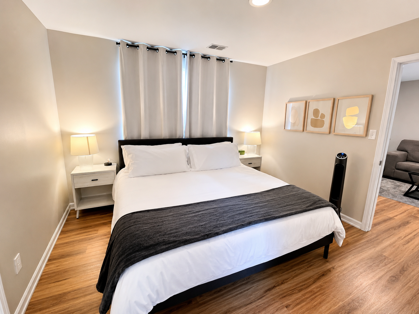 Experience the luxurious comfort of our king-size bed adorned with opulent linens and plush pillows.