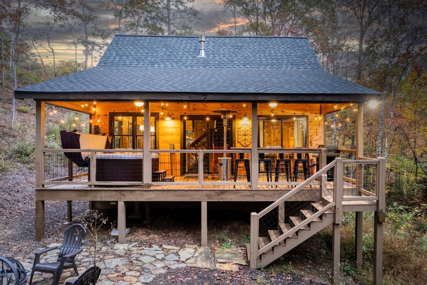  Our cabin's exterior radiates rustic charm, a serene retreat amidst wilderness.