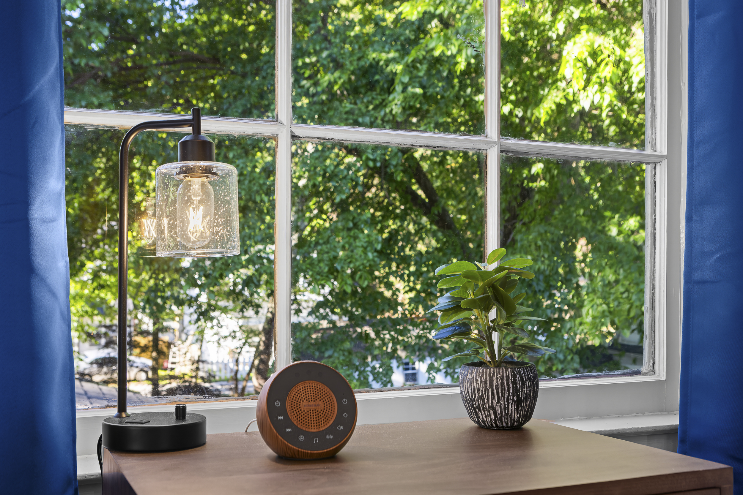 White noise machine, warm lamp, and a view of green Frankfort trees.