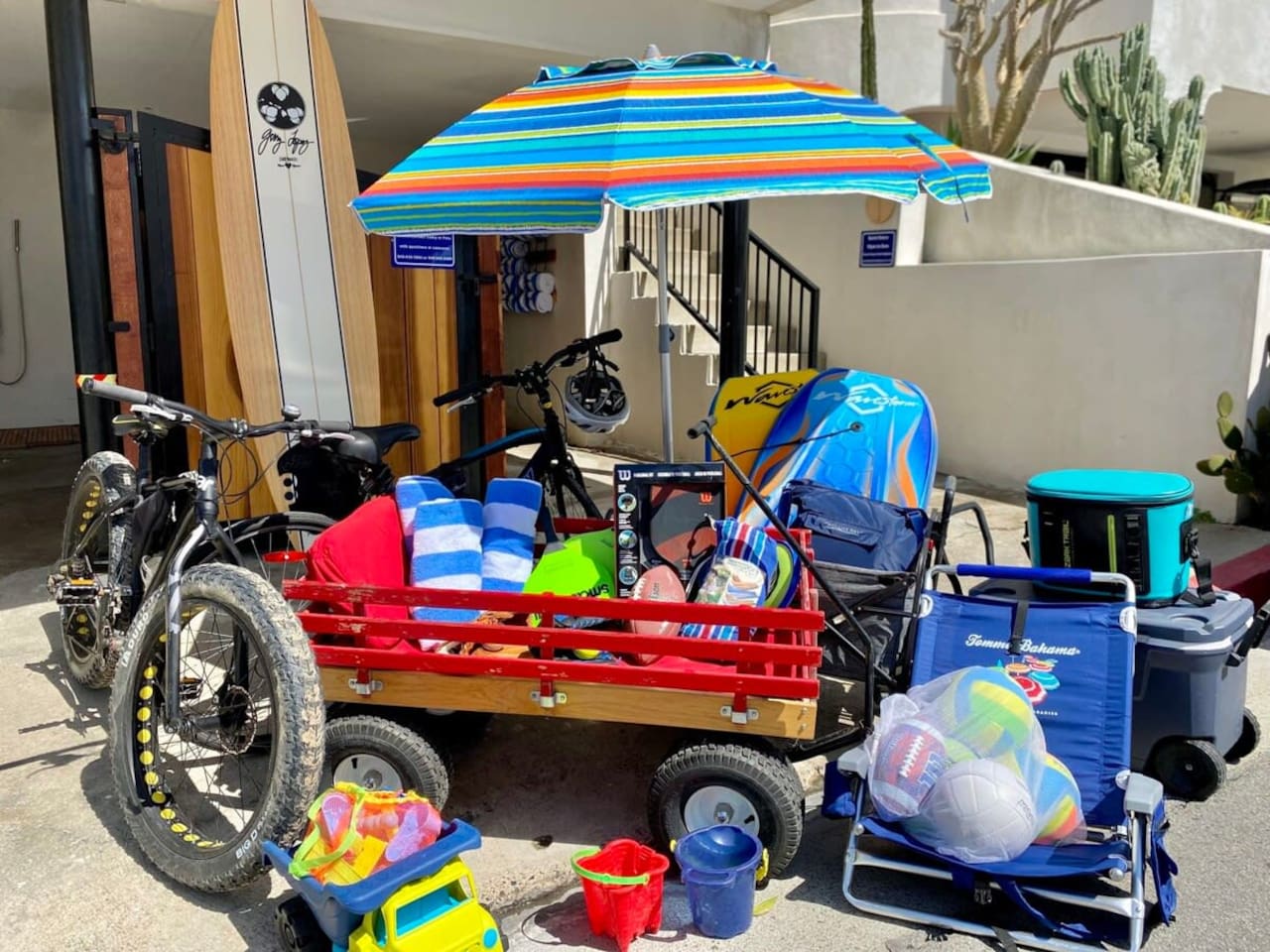 Free bikes (fat and regular)!  We provide everything you need to enjoy San Clemente at no extra charge: Bikes and helmets, Boogie Boards, Beach Chairs, Beach Towels, Umbrella, a wagon, a cooler, beach paddleball, and a yoga mat.