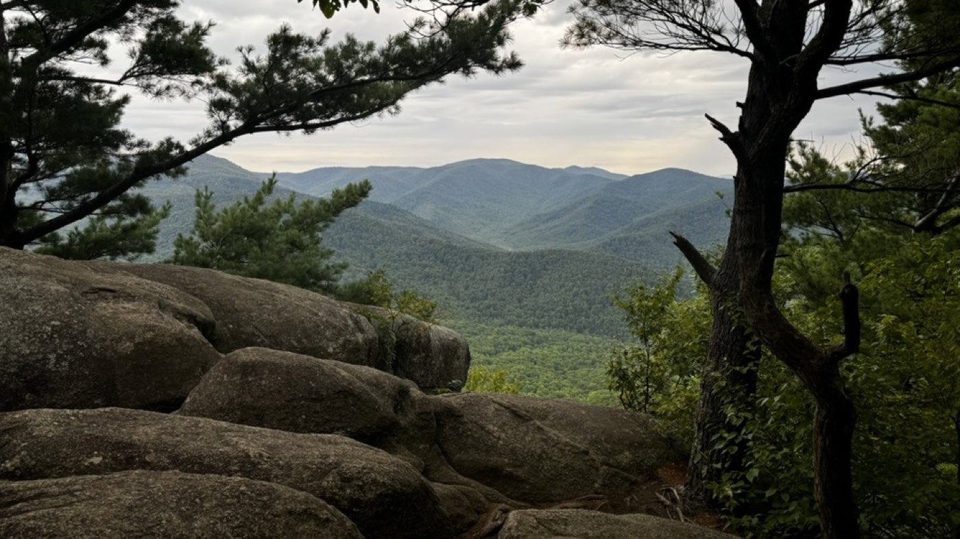The view from the granite slabs near the summit of Old Rag Mountain, looking out over the Blue Ridge