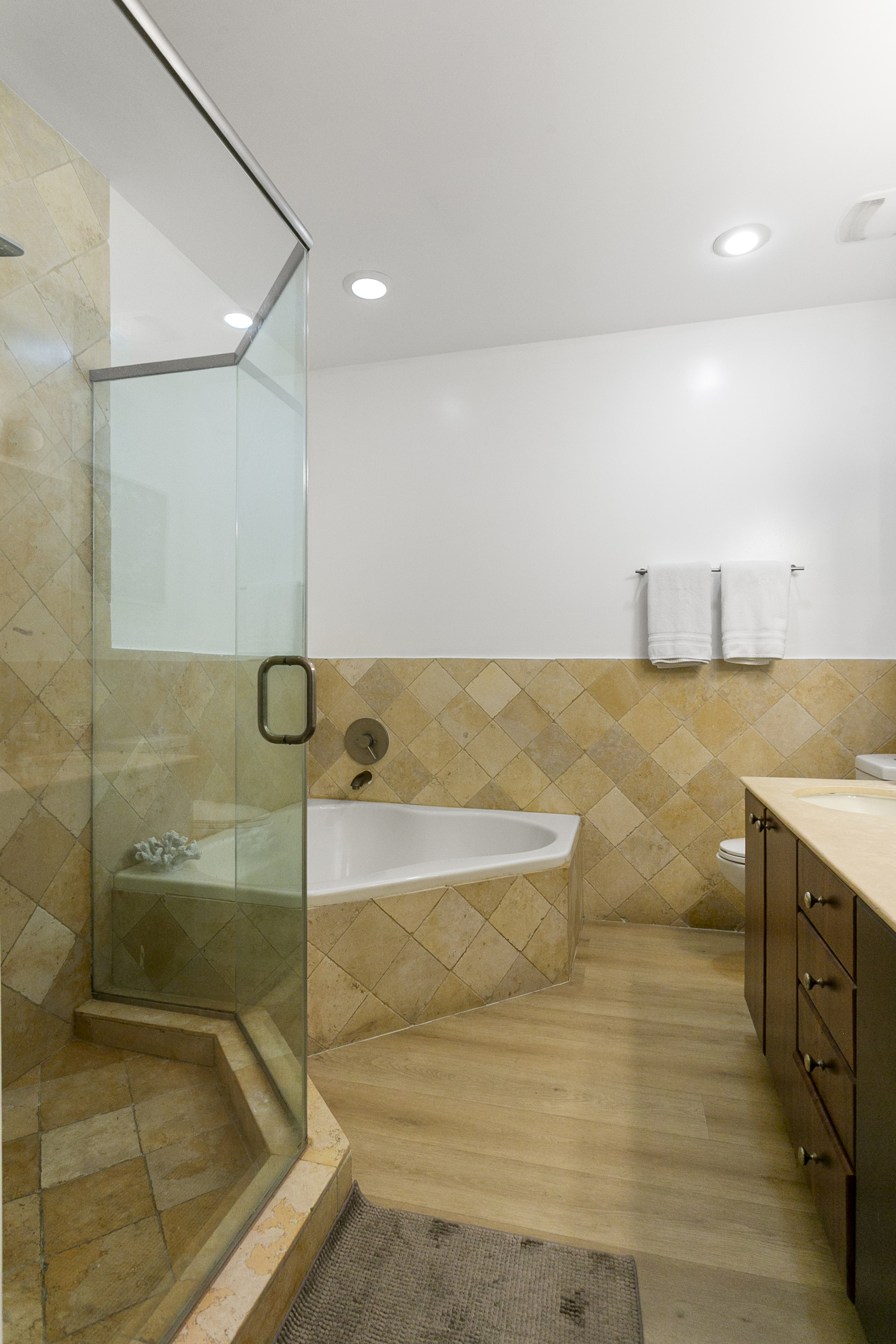 Primary Suite en-suite with separate tub and walk-in shower, double-sink vanity