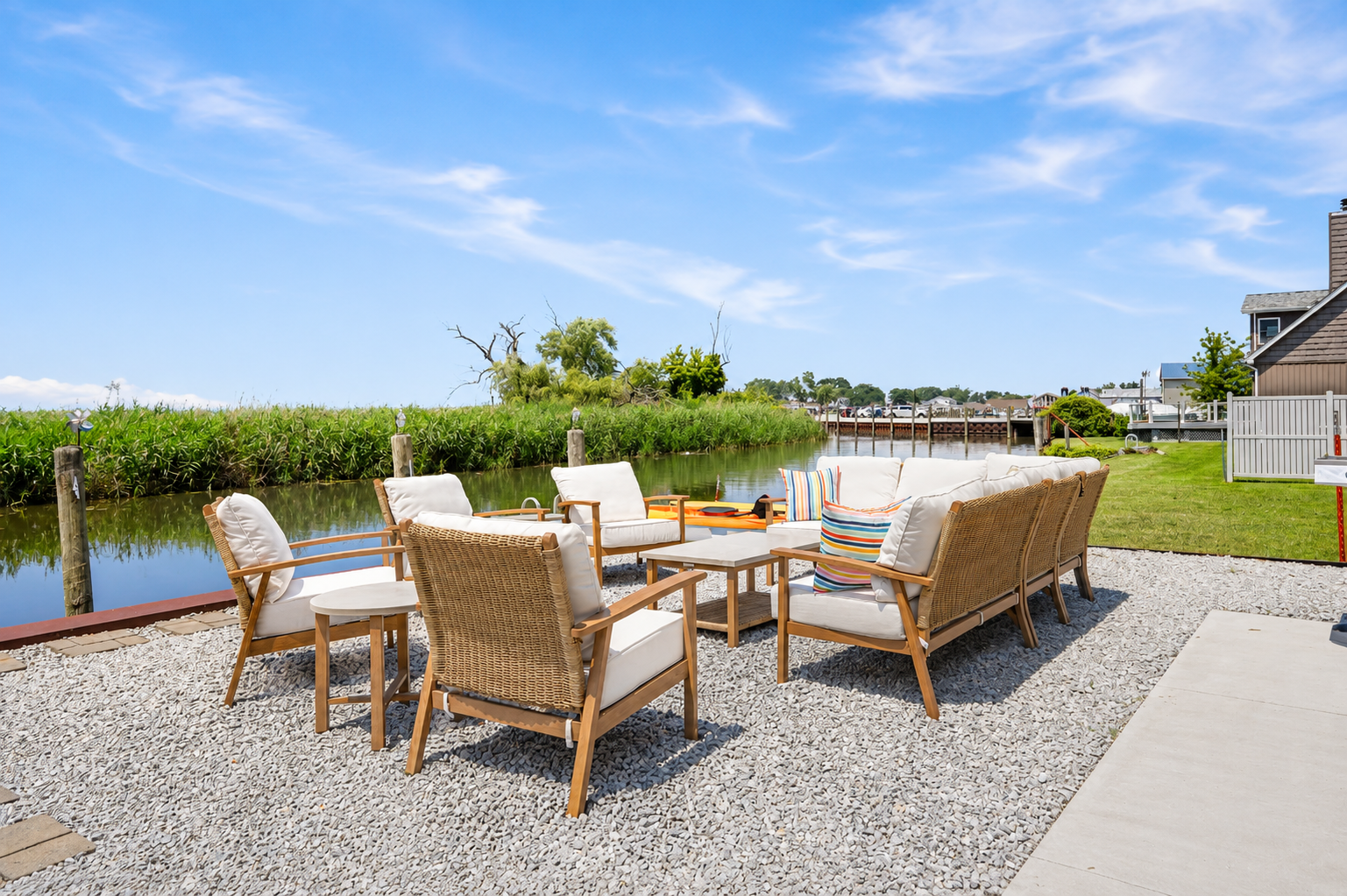 Spend your days gathered around the waterfront lounge, launch the included kayaks from your private dock, or simply sit back and enjoy the peaceful canal views with family and friends.