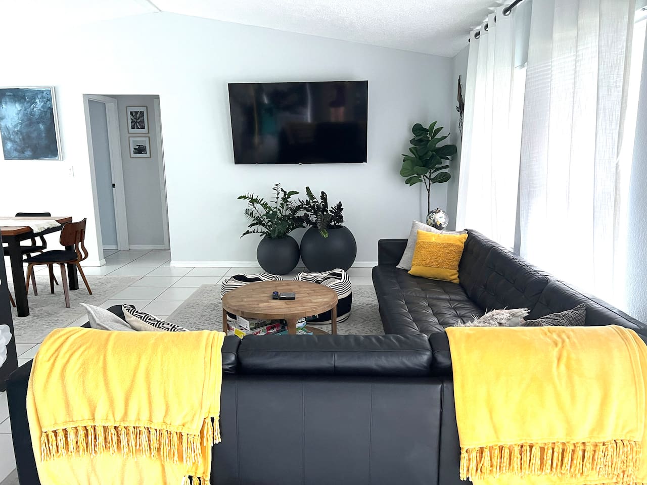 The space is tastefully decorated with modern artwork and accents