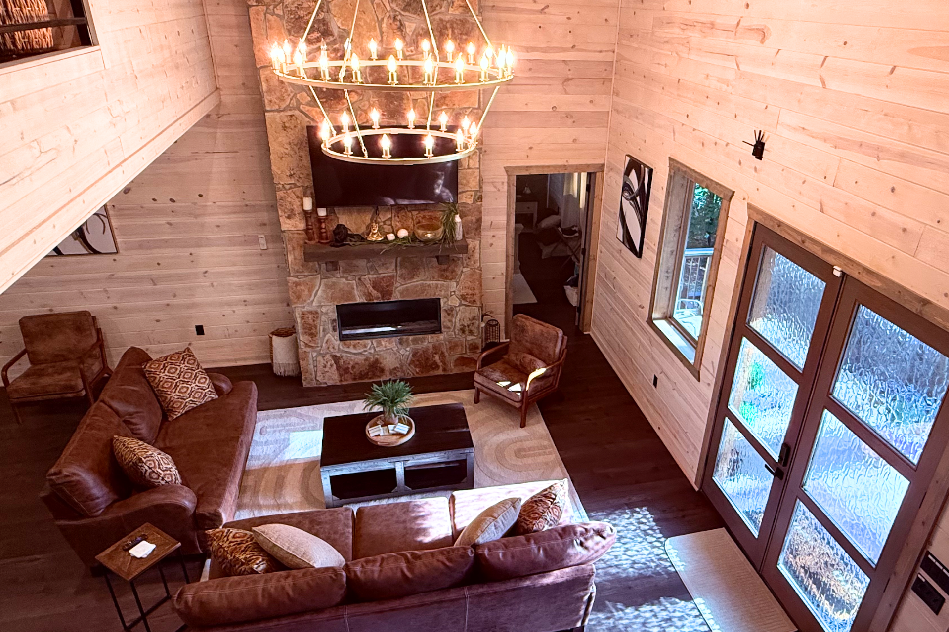 Sit and relax under this beautiful wagon wheel light fixture....watch some TV or just take a quick nap.