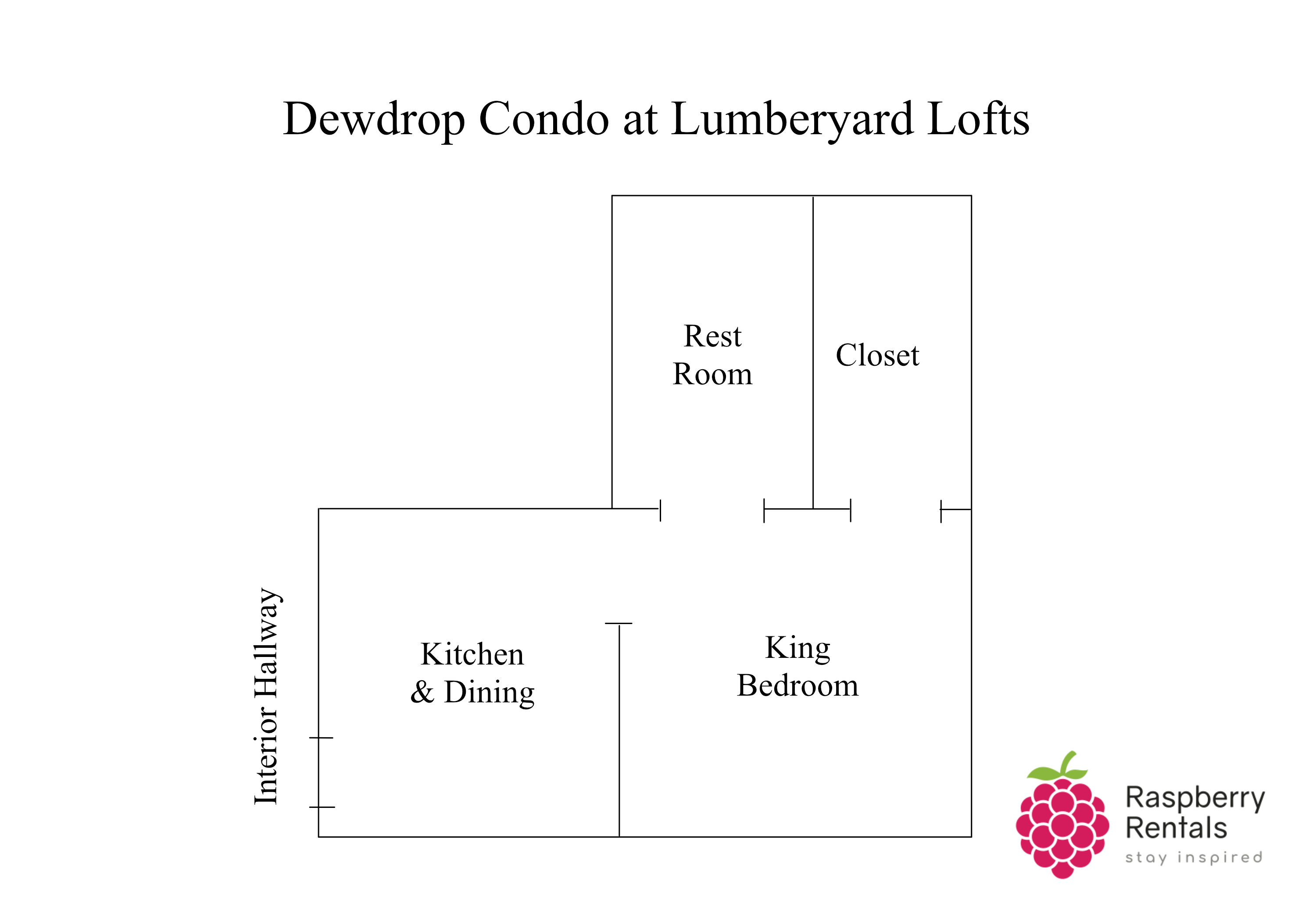 Dewdrop Floorplan entering into kitchen, then going into bedroom and off the bedroom are the rest room and large closet.