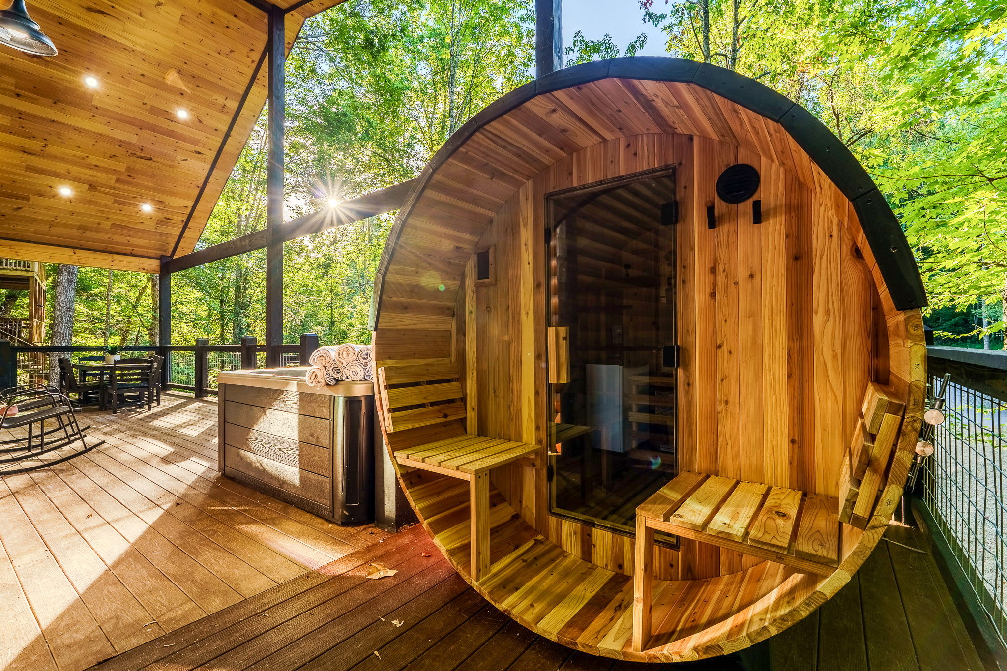 Enjoy a spa-like retreat with a private cedar sauna and hot tub