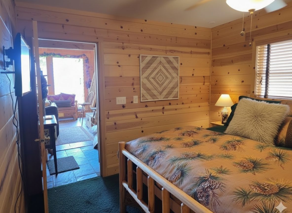 The 1st bedroom has a king size bed, rustic/mountain theme, tv, nightstands with lamps, cozy linens, and ensuite bathroom with shower.