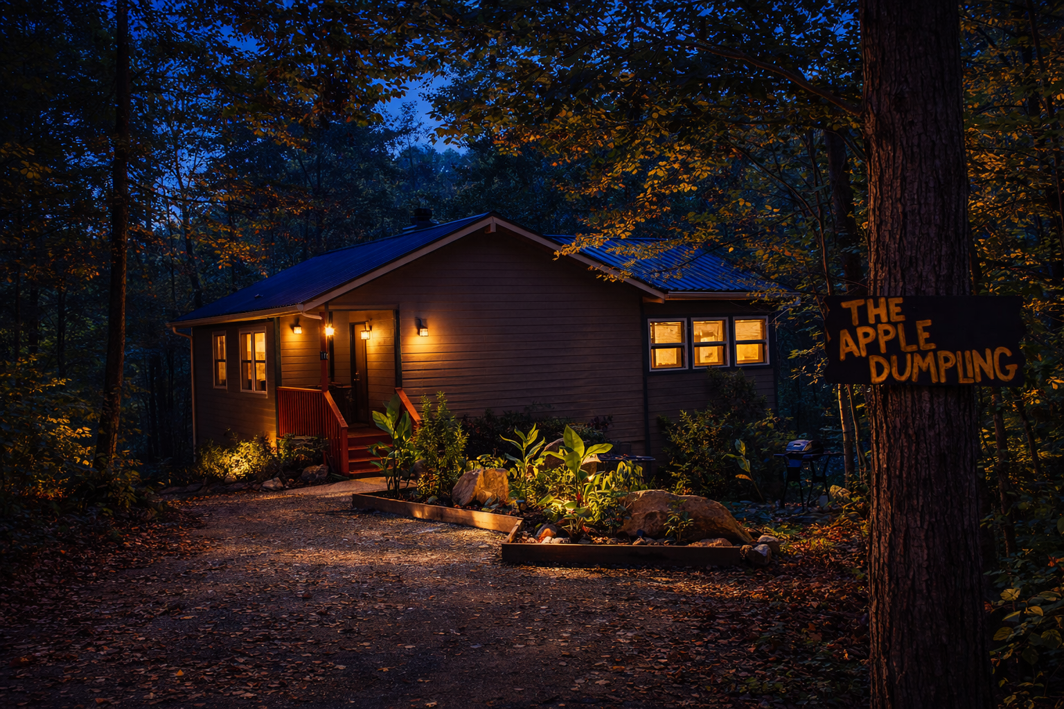 Twilight magic at The Apple Dumpling—where glowing lights, quiet woods, and cozy nights await.