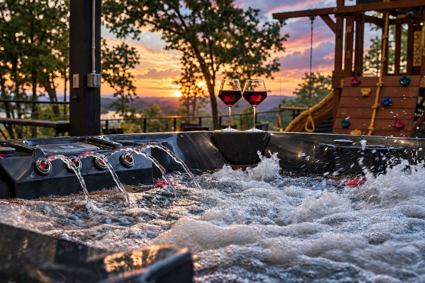Private hot tub at the gazebo, overlooking the wooded mountain setting.