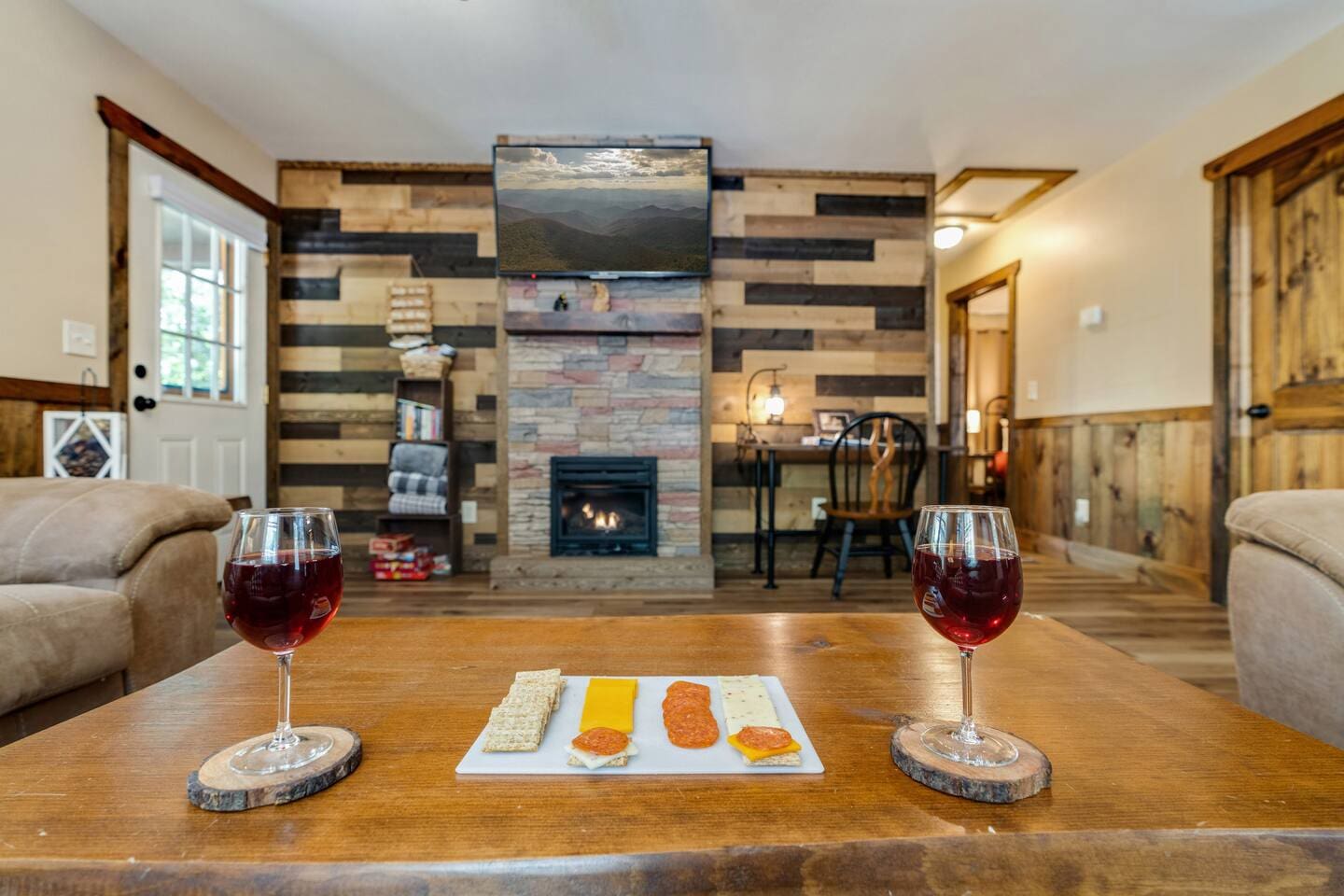 An evening snack in front of the fireplace streaming on the TV