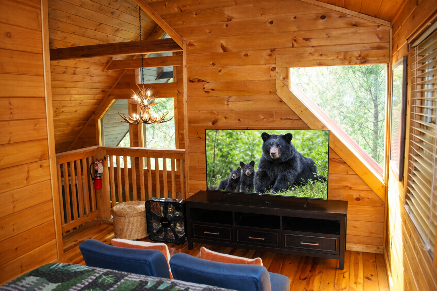 Loft bedroom with queen sized bed. 