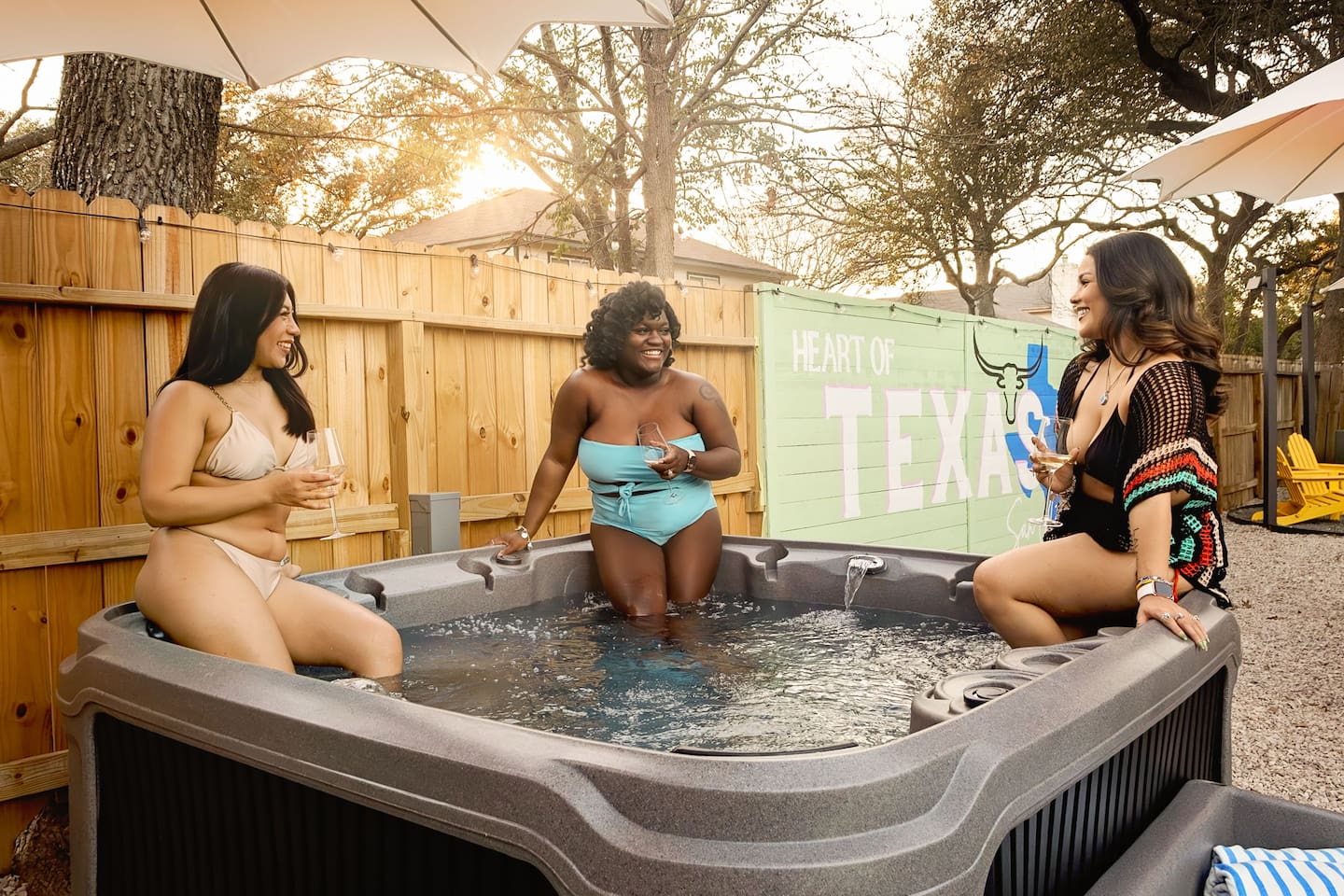 Golden hour, good friends, and bubbly vibes.   
Our hot tub is the ultimate spot to laugh, relax, and toast to unforgettable moments in the "Heart of Texas".