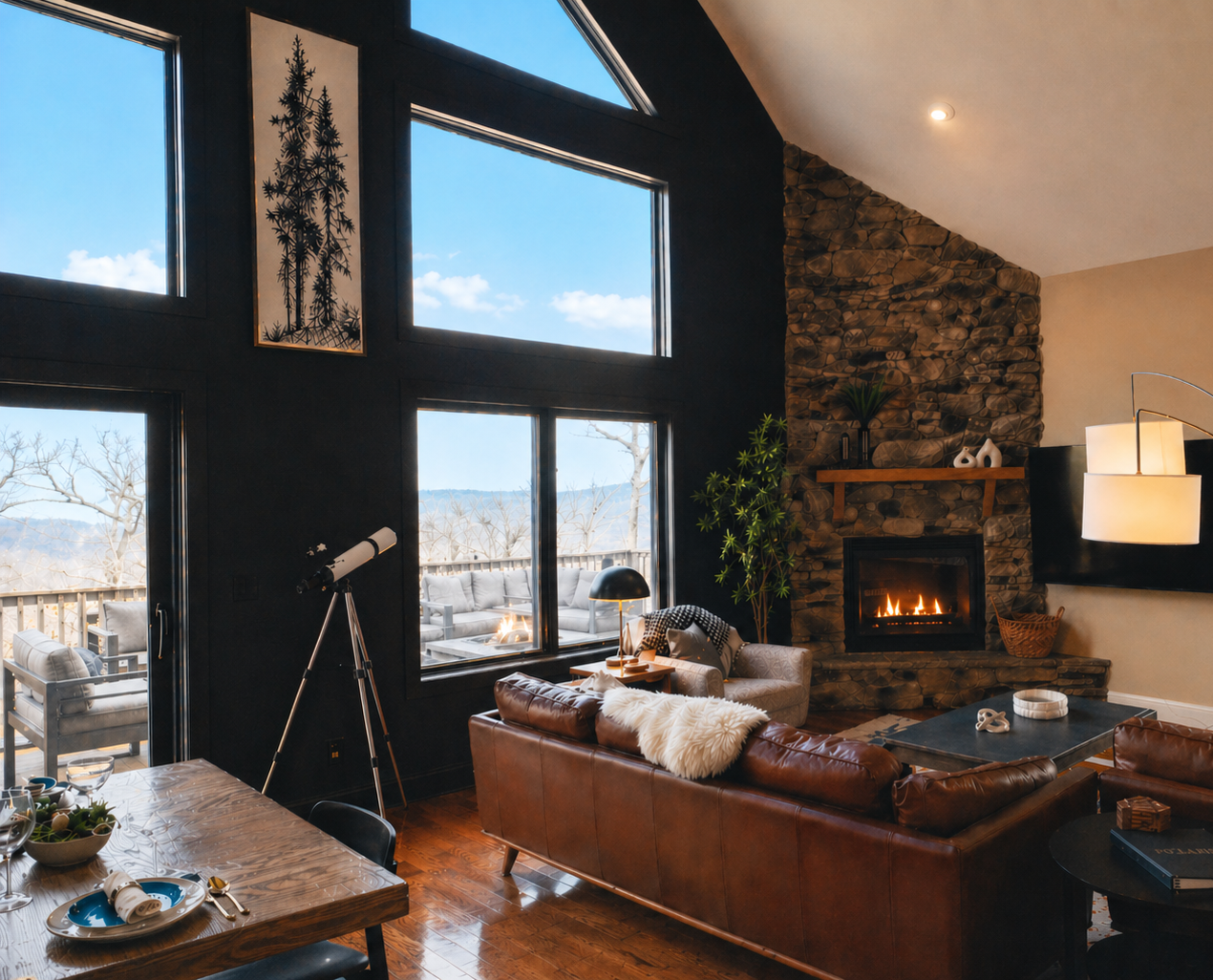 Soaring window wall, stone fireplace, and mountain views—your main gathering space, inside and out