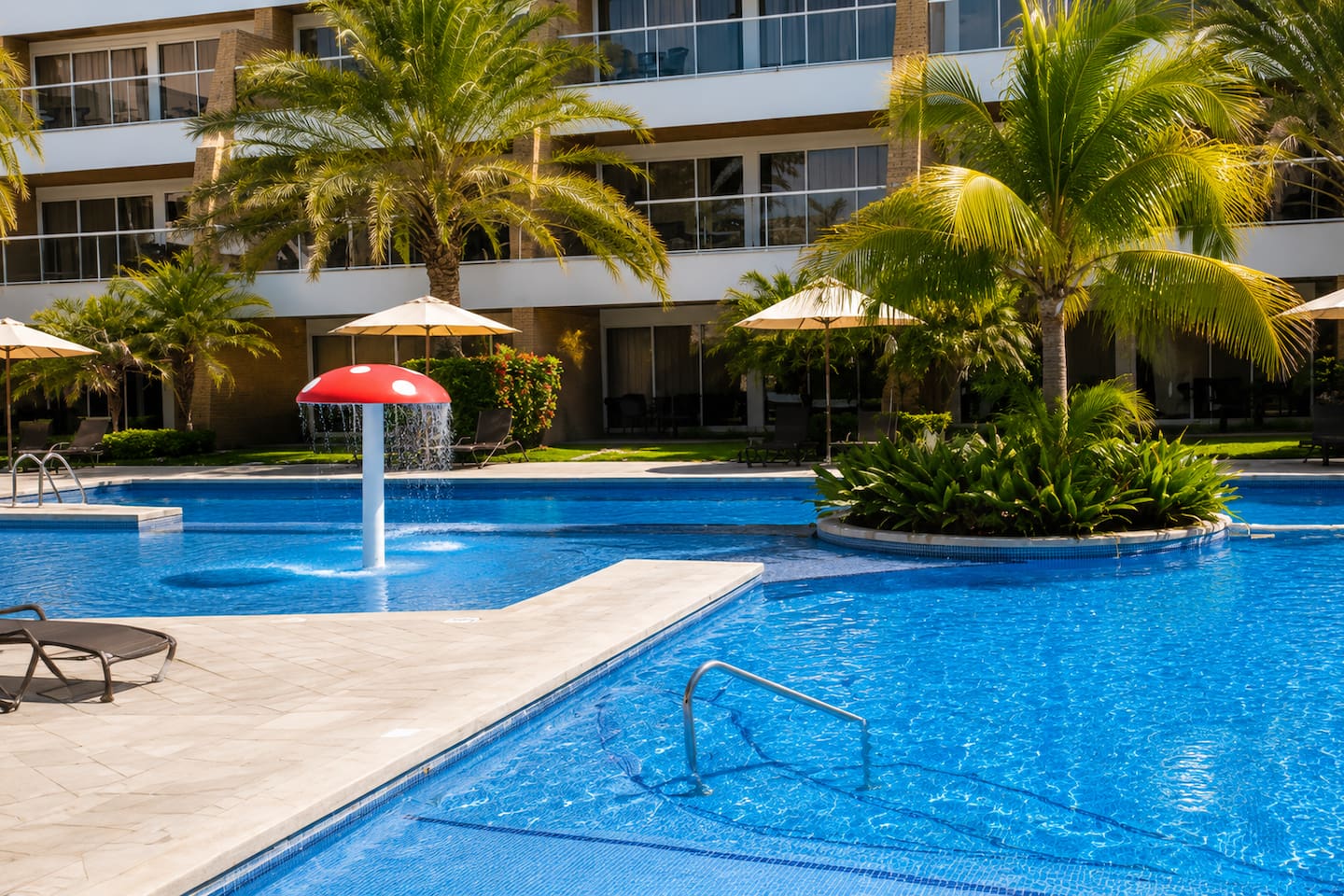Enjoy the refreshing splash of water from playful fountains. 