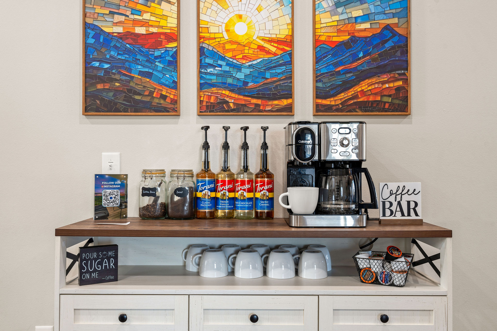 Custom coffee bar with full selection of K-cups, whole beans, ground, d-caff, so you can have your coffee any way you like it! 