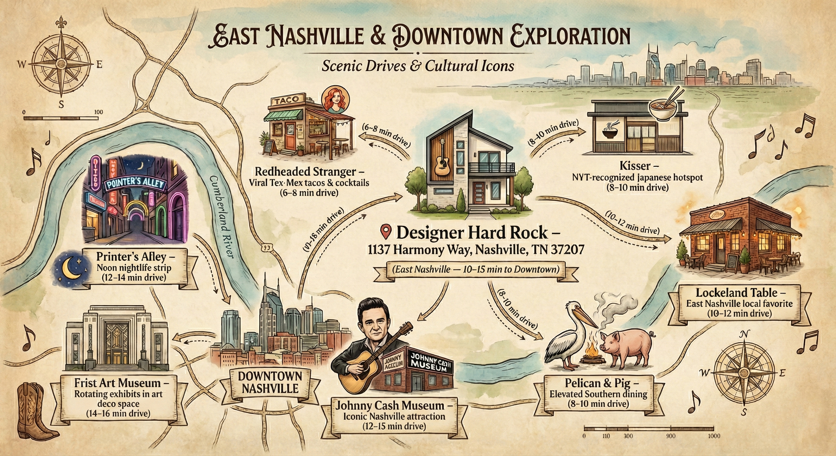 Experience the best of East Nashville in minutes. Award-winning restaurants, iconic music landmarks, and vibrant nightlife are all a short drive from your stylish home base.