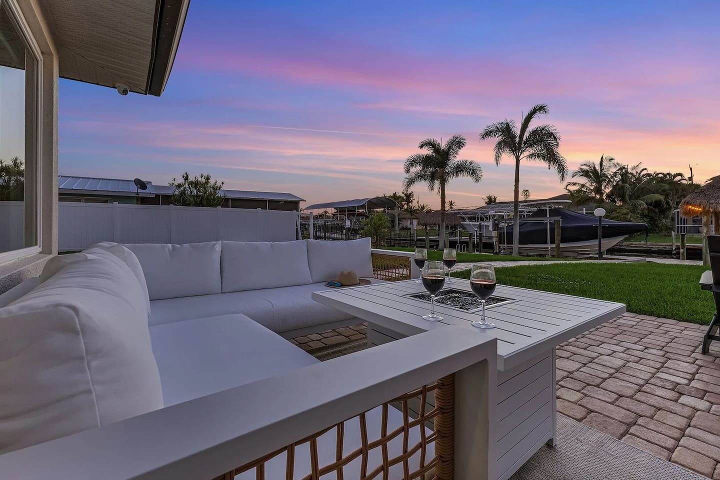 Back yard sofa with fire table