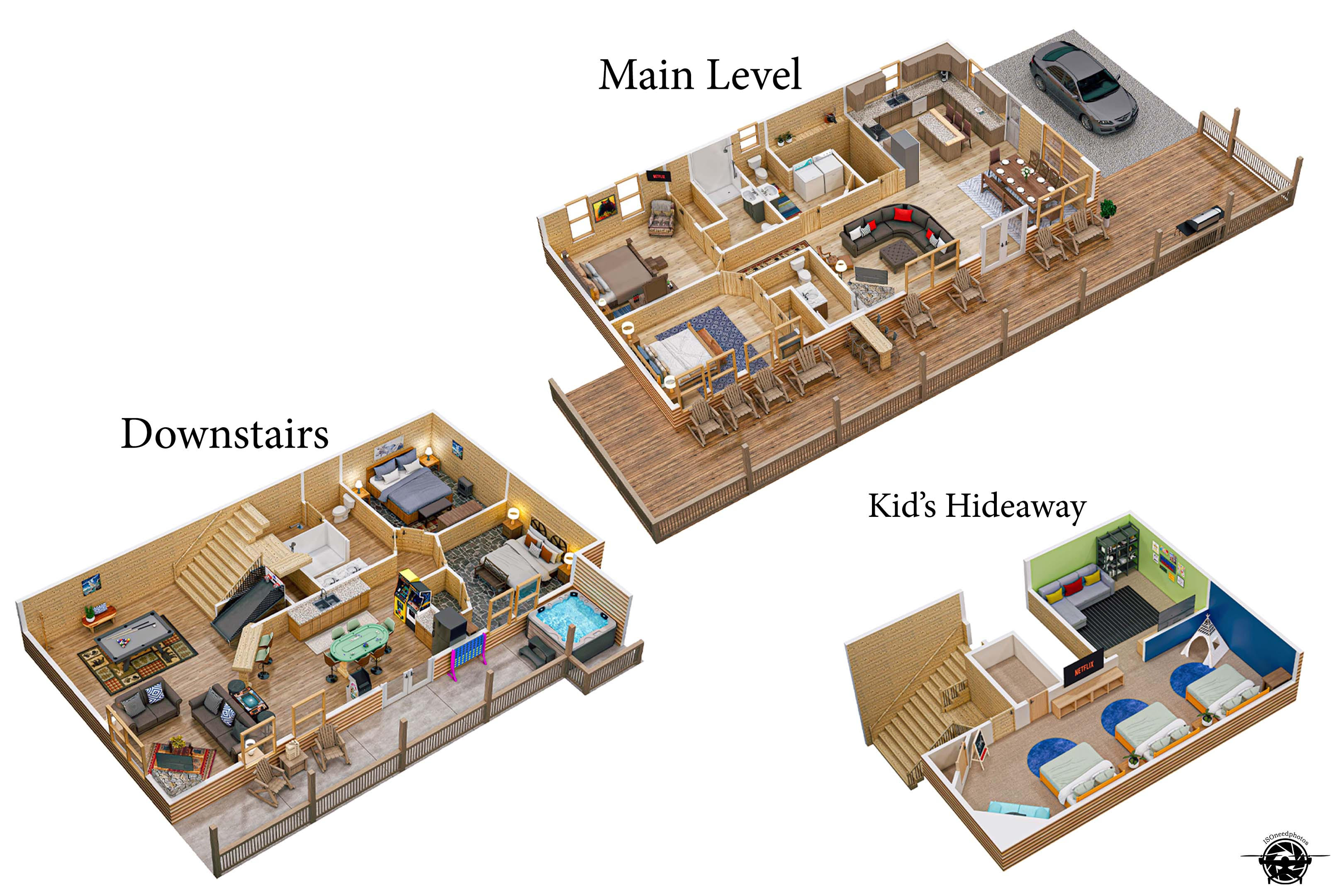 This floor plan gives you a sneak peek at the spacious main level, downstairs entertainment zone, and even a special kid's hideaway. Perfect for large families or groups!