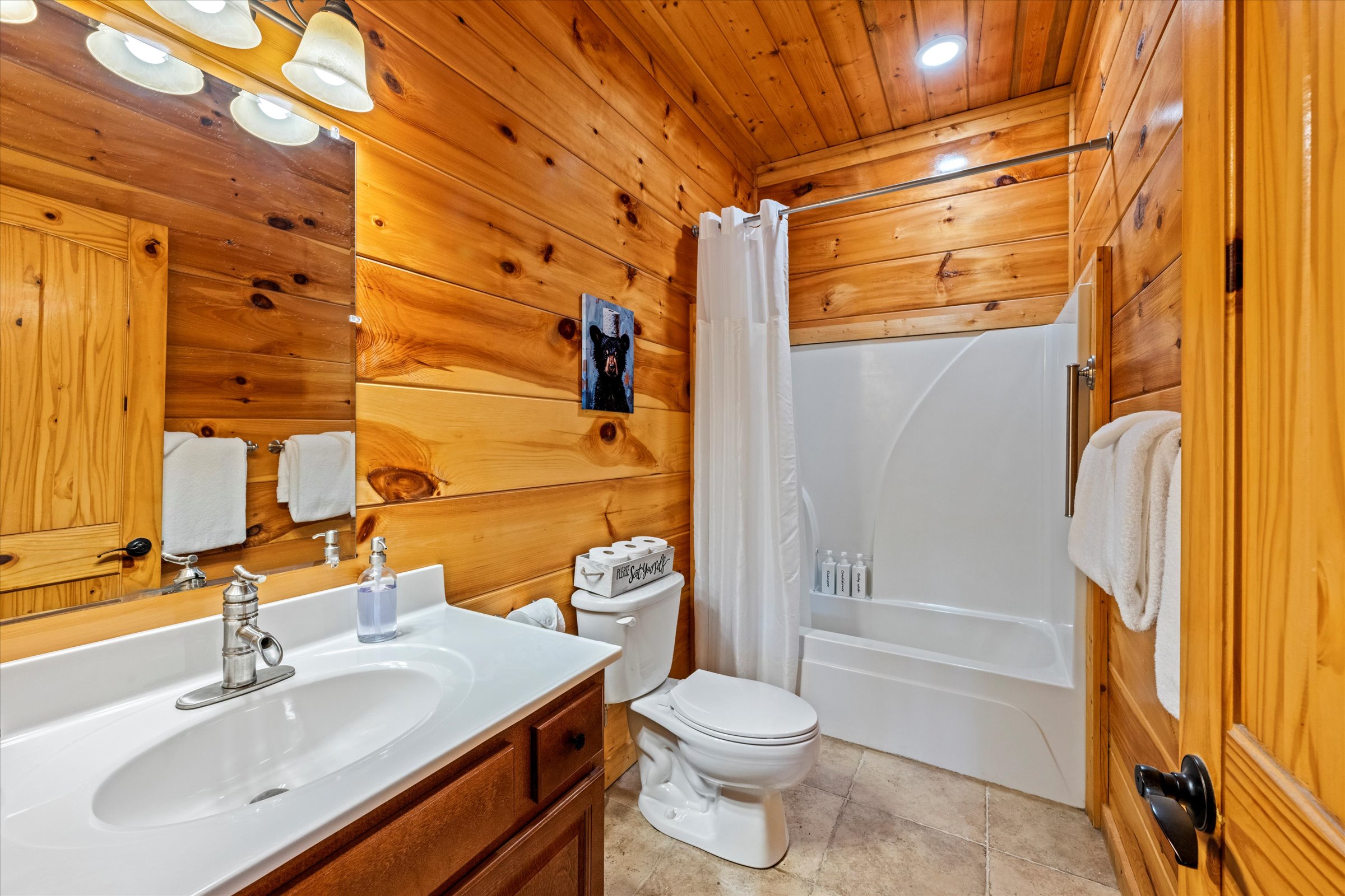 Comfortable king suite with kid-friendly bath—perfect for little ones and adults alike.