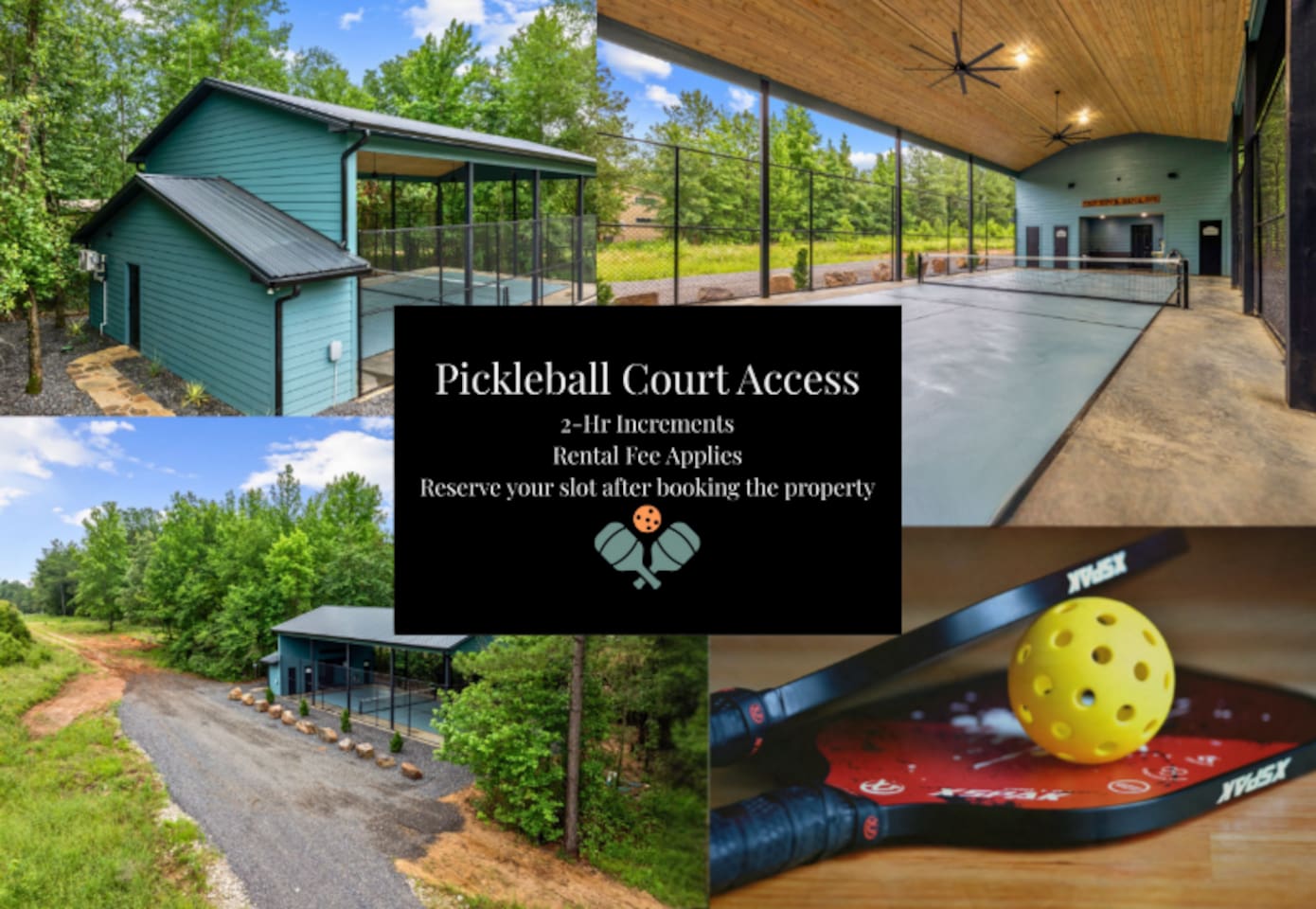 Pickleball Court Access 
Guests can rent access to a private outdoor pickleball court in Broken Bow. Available daily 7 AM – 10 PM for $60 + tax per 2-hour session. Booking details will be provided after your reservation is confirmed.