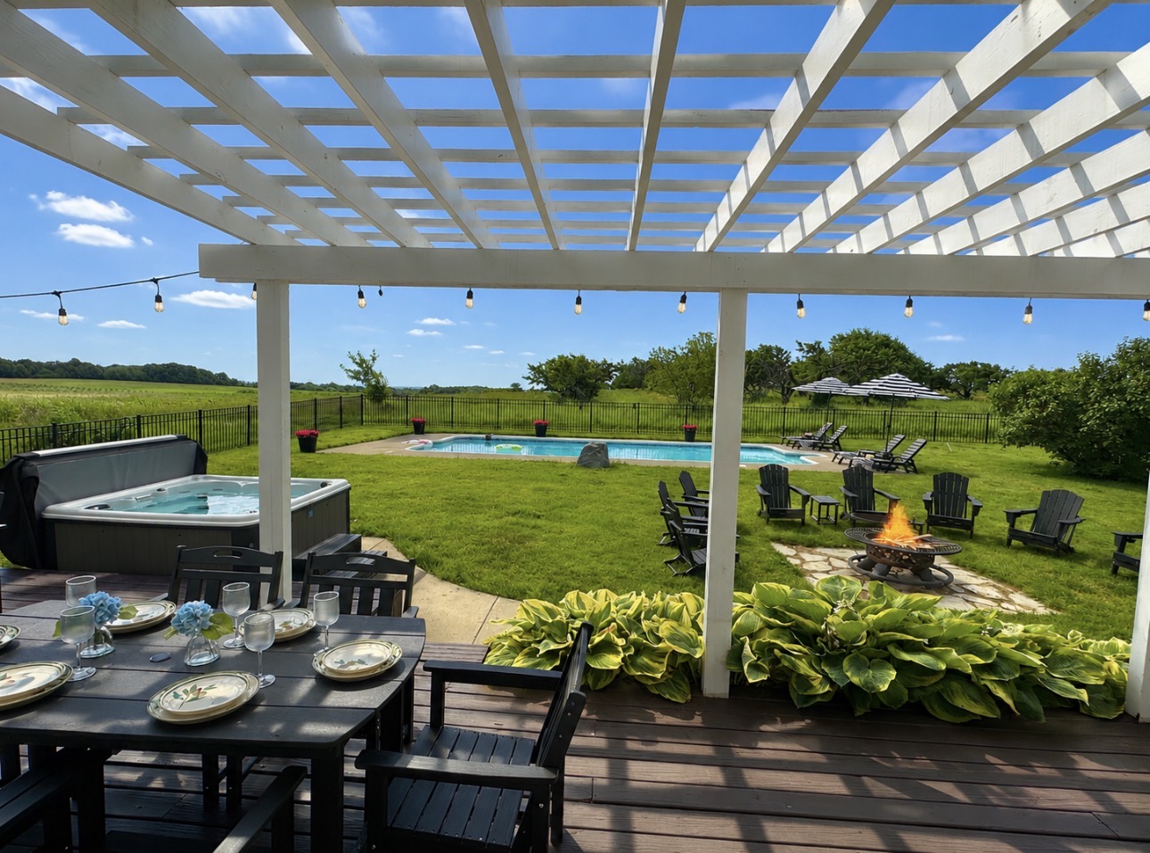 Dinner for 12 on the deck over looking the pool and orchard.
