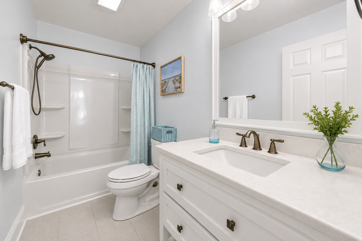 A well-appointed full hall bath conveniently located between the two first-floor bedrooms designed with a shower/tub combo.