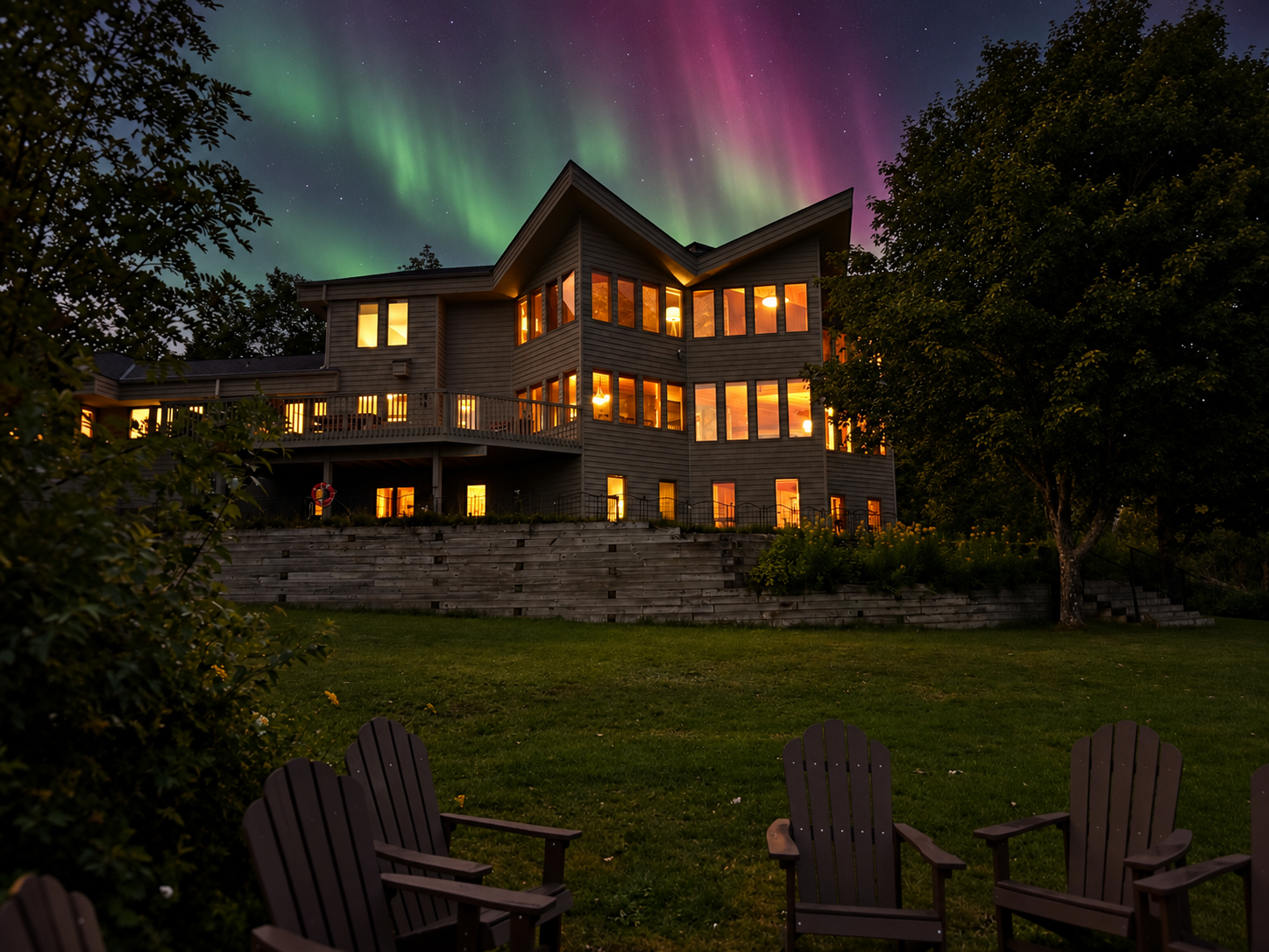 Northern lights photographed above Three Points Lodge in Tofte, Minnesota. This six-bedroom North Shore retreat has a memorable setting by day and after dark.