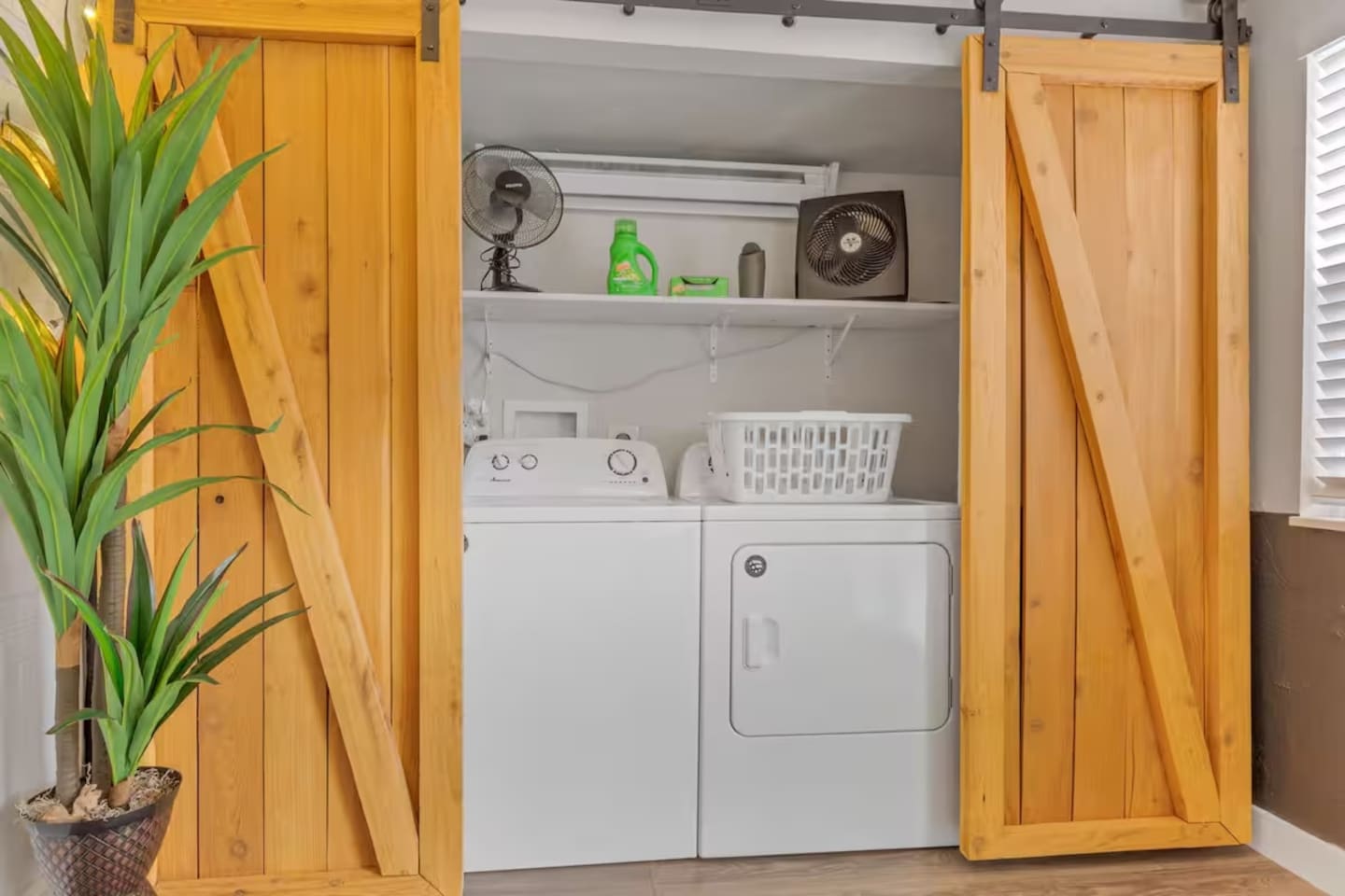 Full size washer and dryer with detergent for your convenience 