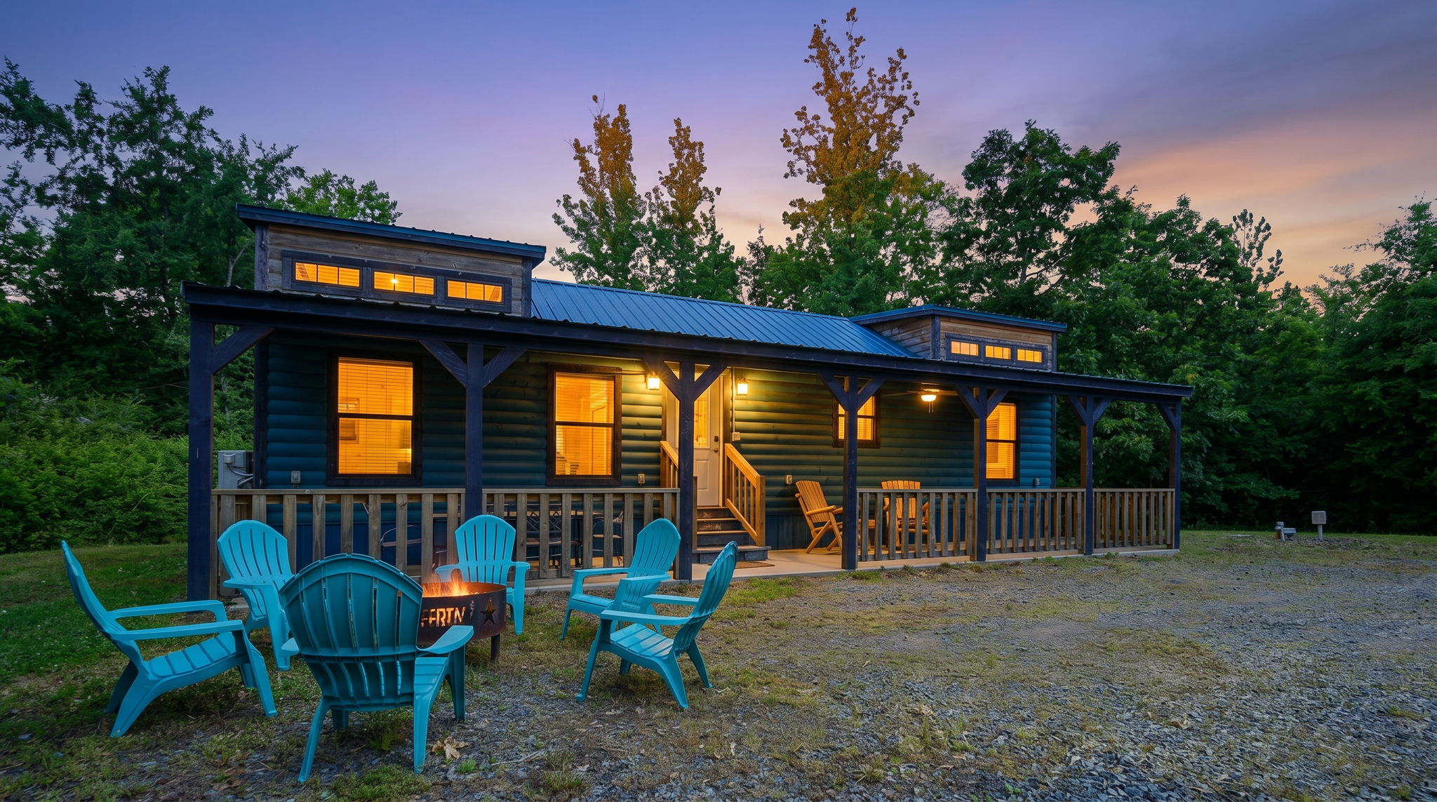 Exterior of cabin at dusk
