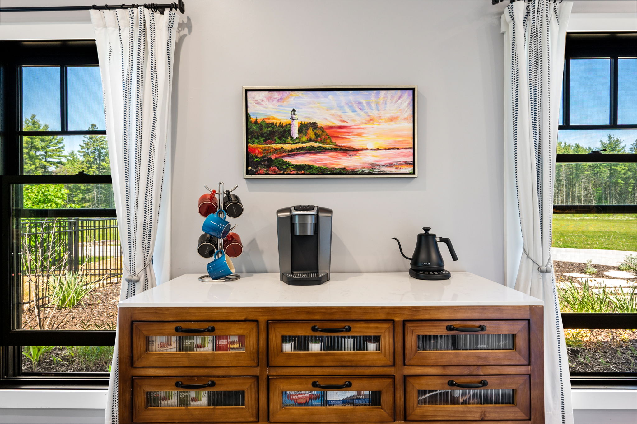 Start each morning at the dedicated coffee station, stocked with a Keurig, pour-over kettle, and mugs while enjoying the peaceful, quiet mornings of Door County.