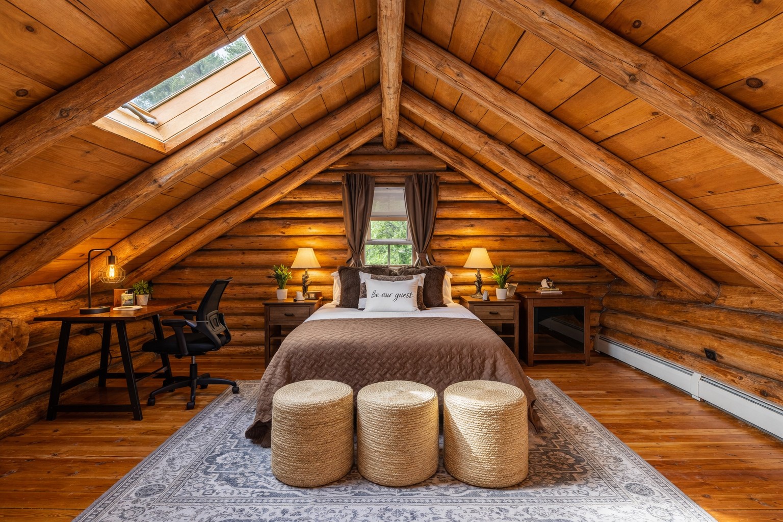Sleep under the stars — or at least under the beams! This cozy upstairs retreat features a queen bed, charming skylight, and custom log craftsmanship that makes this room truly one-of-a-kind.